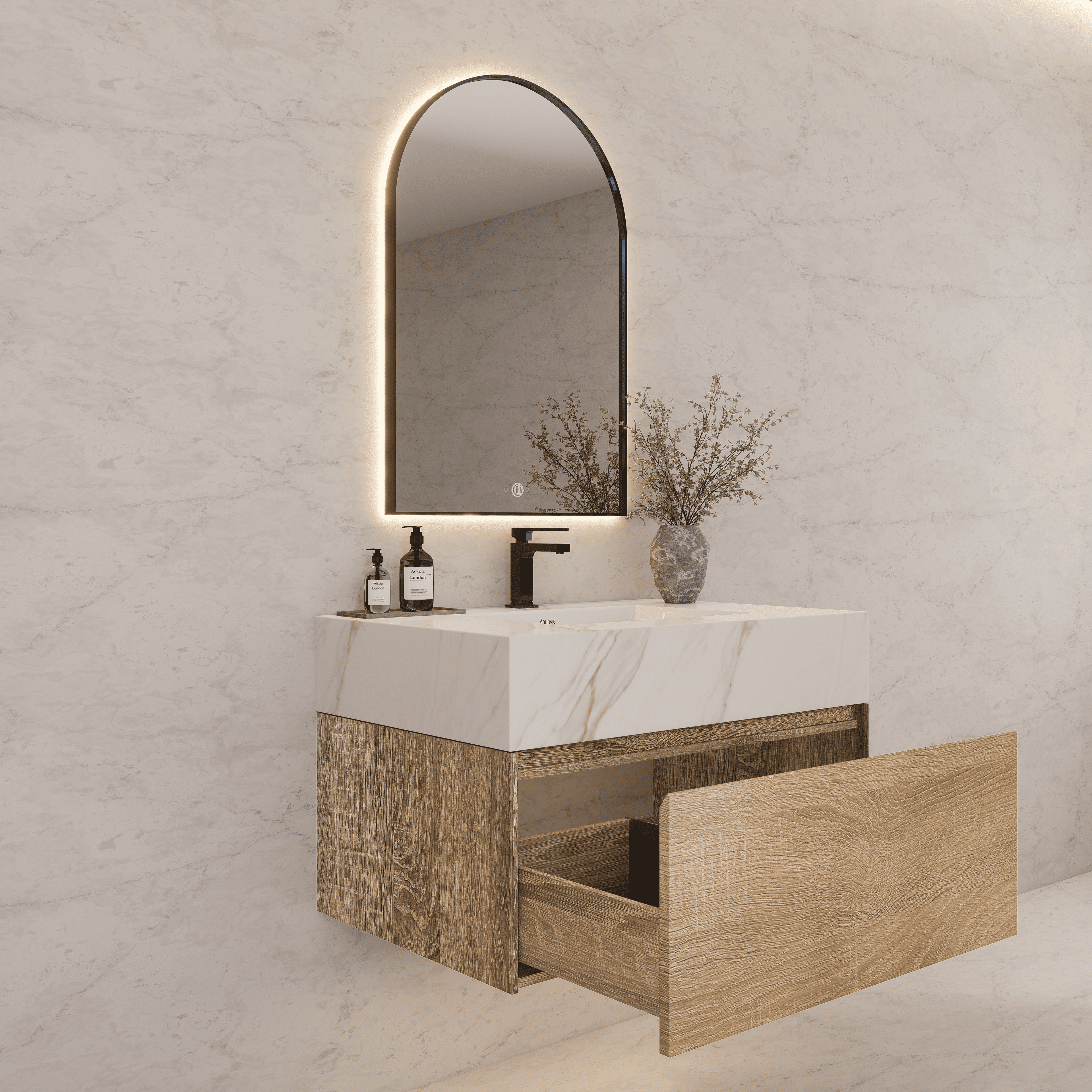 40" Sintered Stone Top with White Light Oak Single Drawer Floating Bathroom Vanity