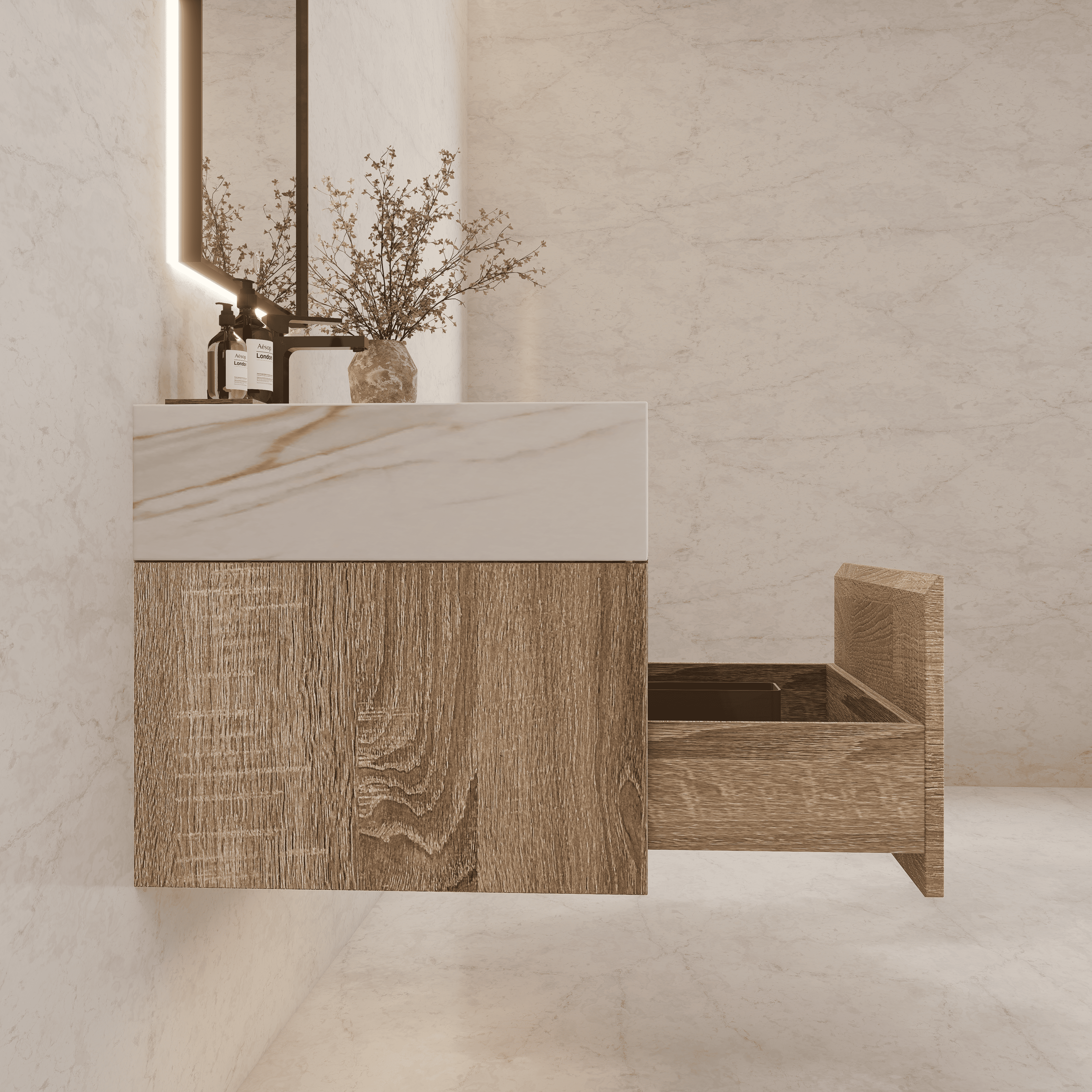40" Sintered Stone Top with White Light Oak Single Drawer Floating Bathroom Vanity