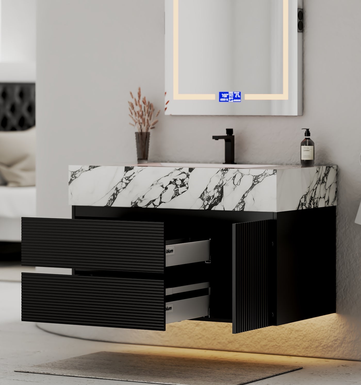 32–48" Black Fluted Floating Vanity with Seamless Stone Sink