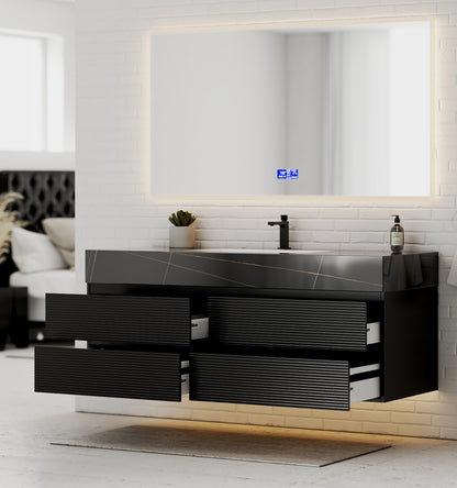 Black 60" Wall-Mounted Single Sink Bathroom Vanity with Fluted Drawers