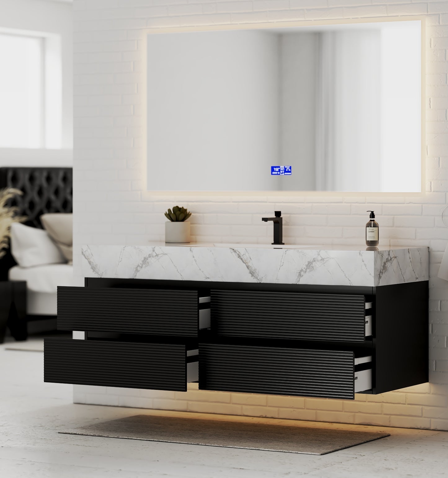 Black 60" Wall-Mounted Single Sink Bathroom Vanity with Fluted Drawers