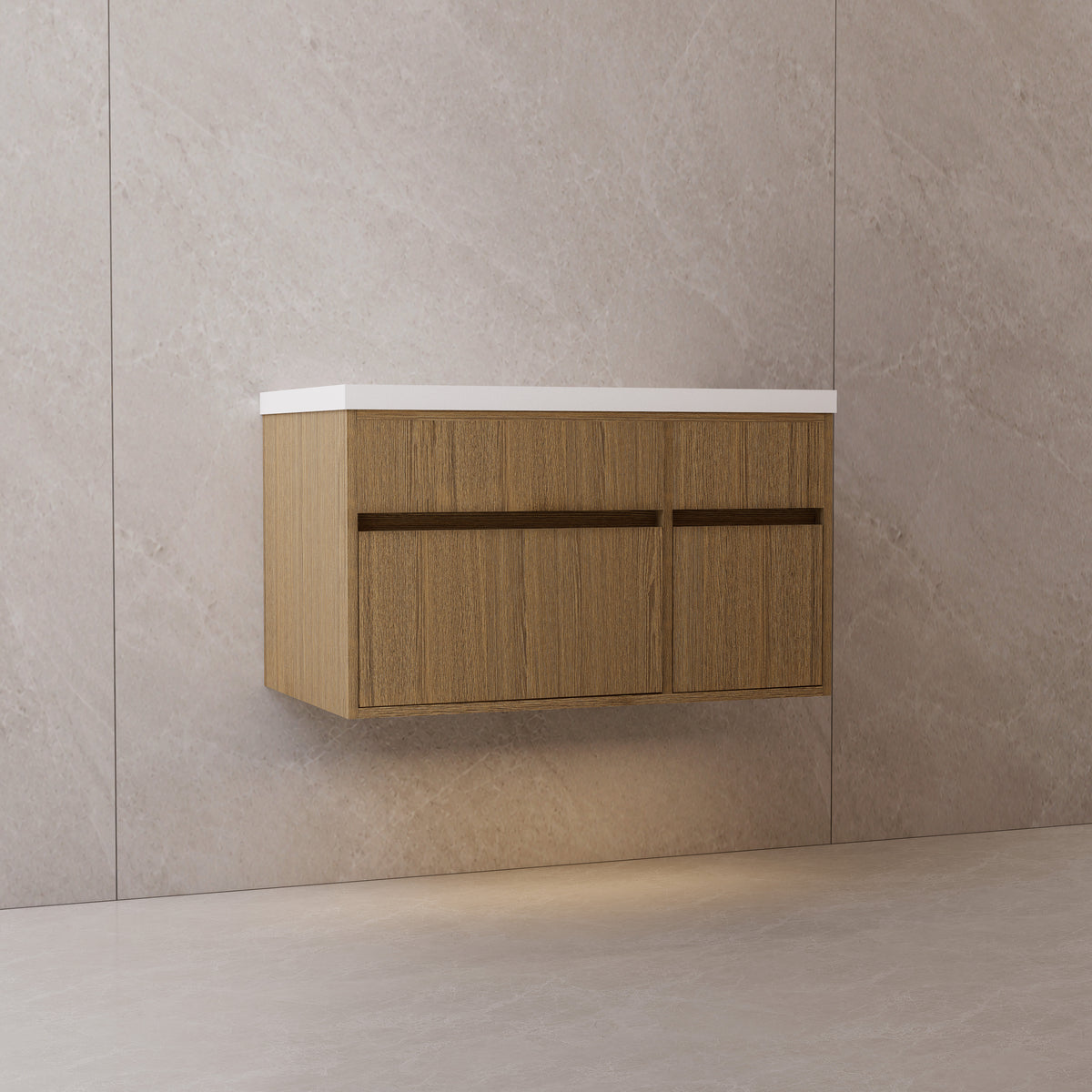 Floating Vessel Sink Vanity — Natural Oak Cabinet with Sintered Stone Top, Door & Drawer