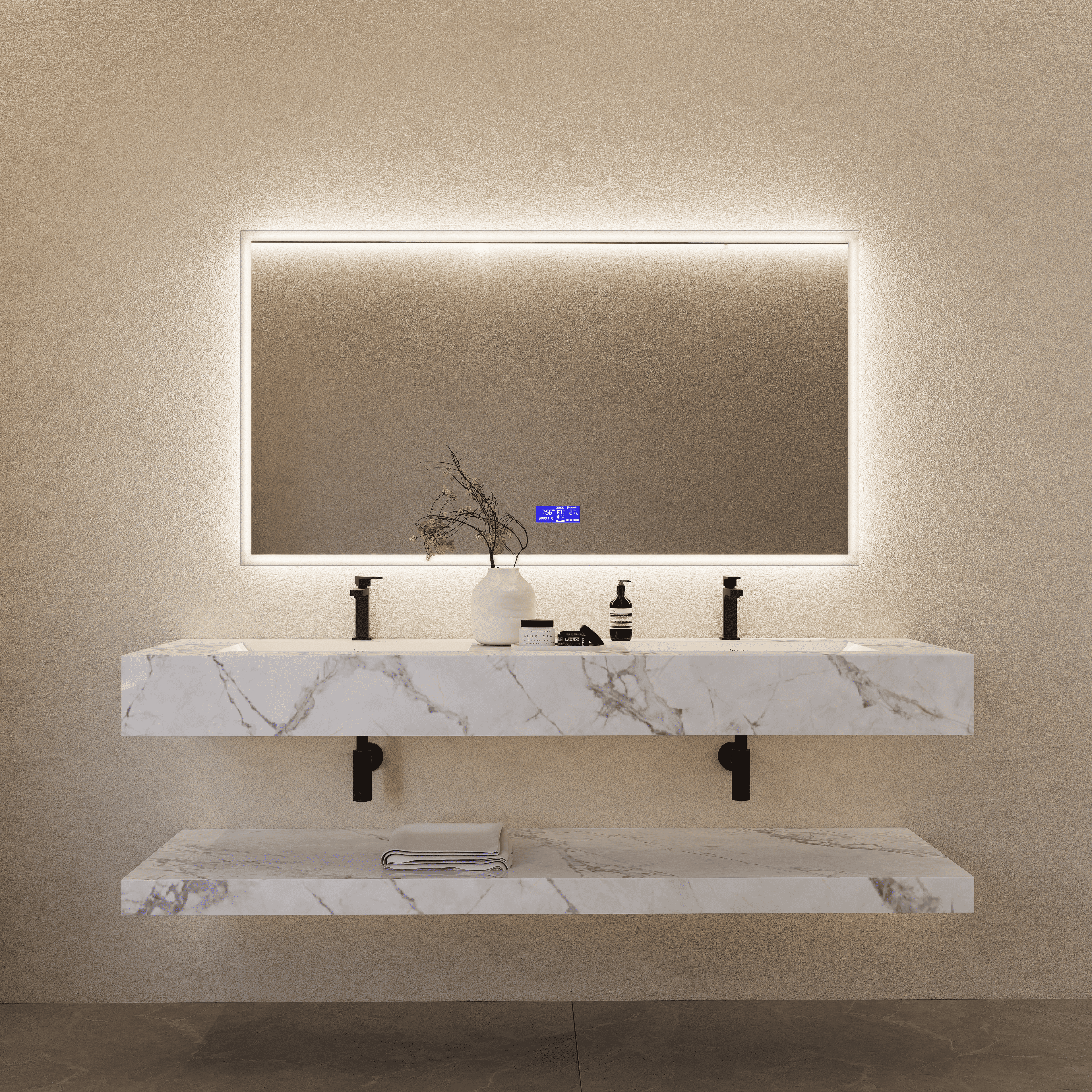 71 Inch Slate Double Sink Floating Vanity – Seamless Stone Basin-A3