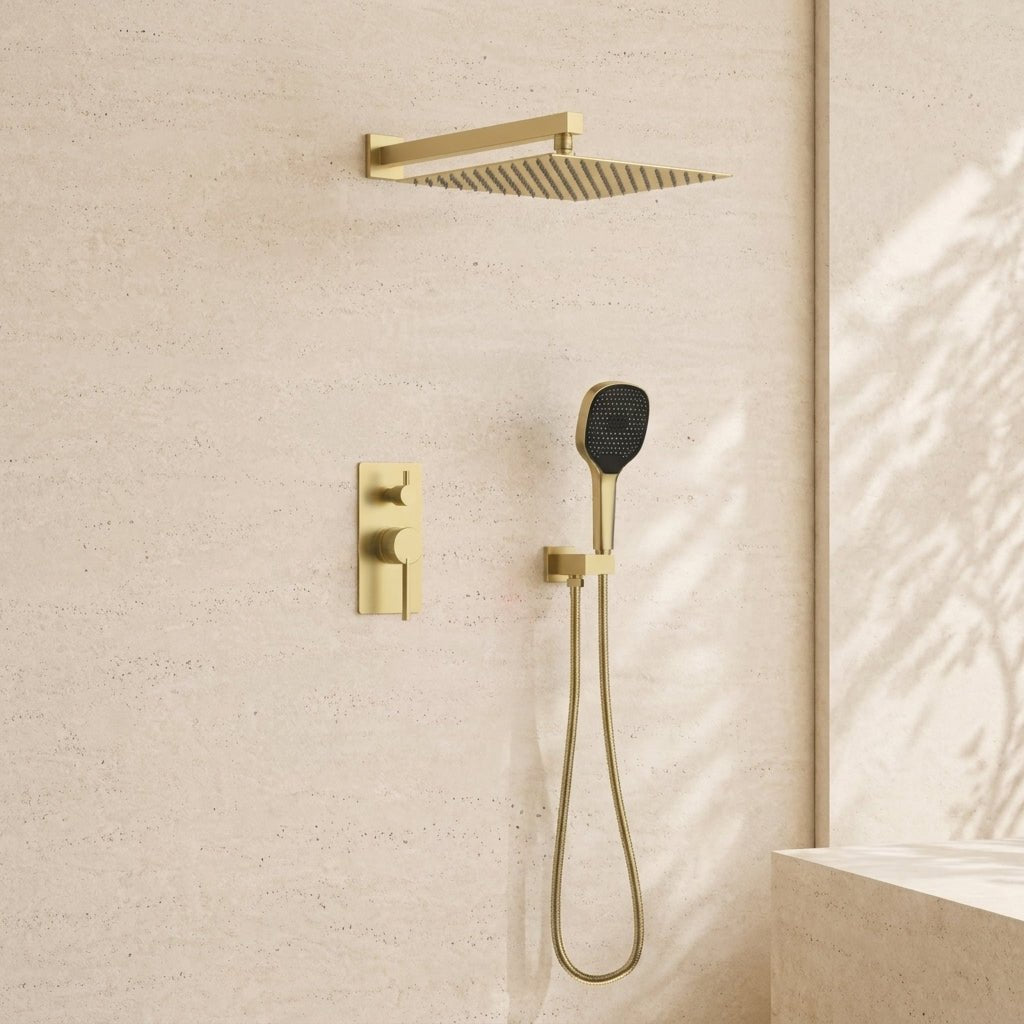 12" Pressure Balance Shower System with Hand Shower – Solid Brass, SUS304, 2 - Function - ShowerBrush Gold
