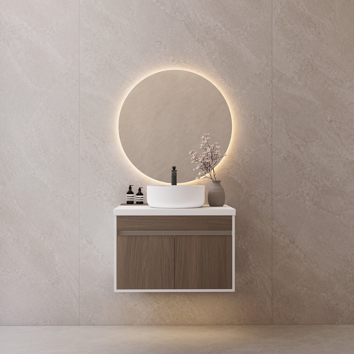 Vessel Sink Vanity — Floating Bathroom Cabinet, Walnut & White (Sink Not Included)