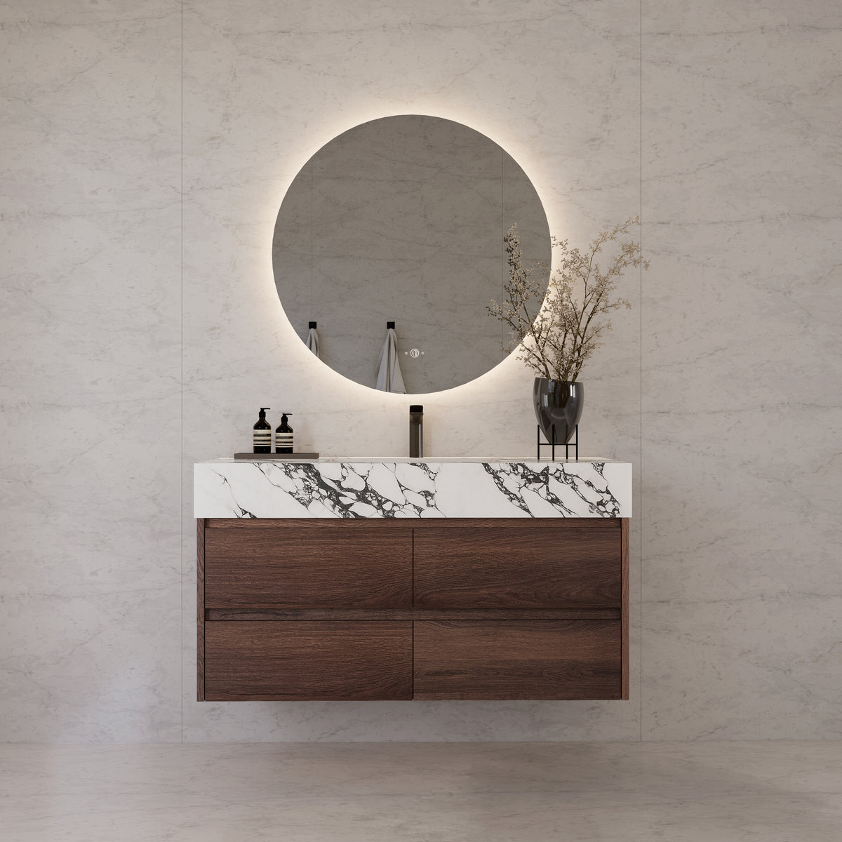 48"，60" Walnut Sintered Stone Top With Four Drawer Floating Bathroom Vanity