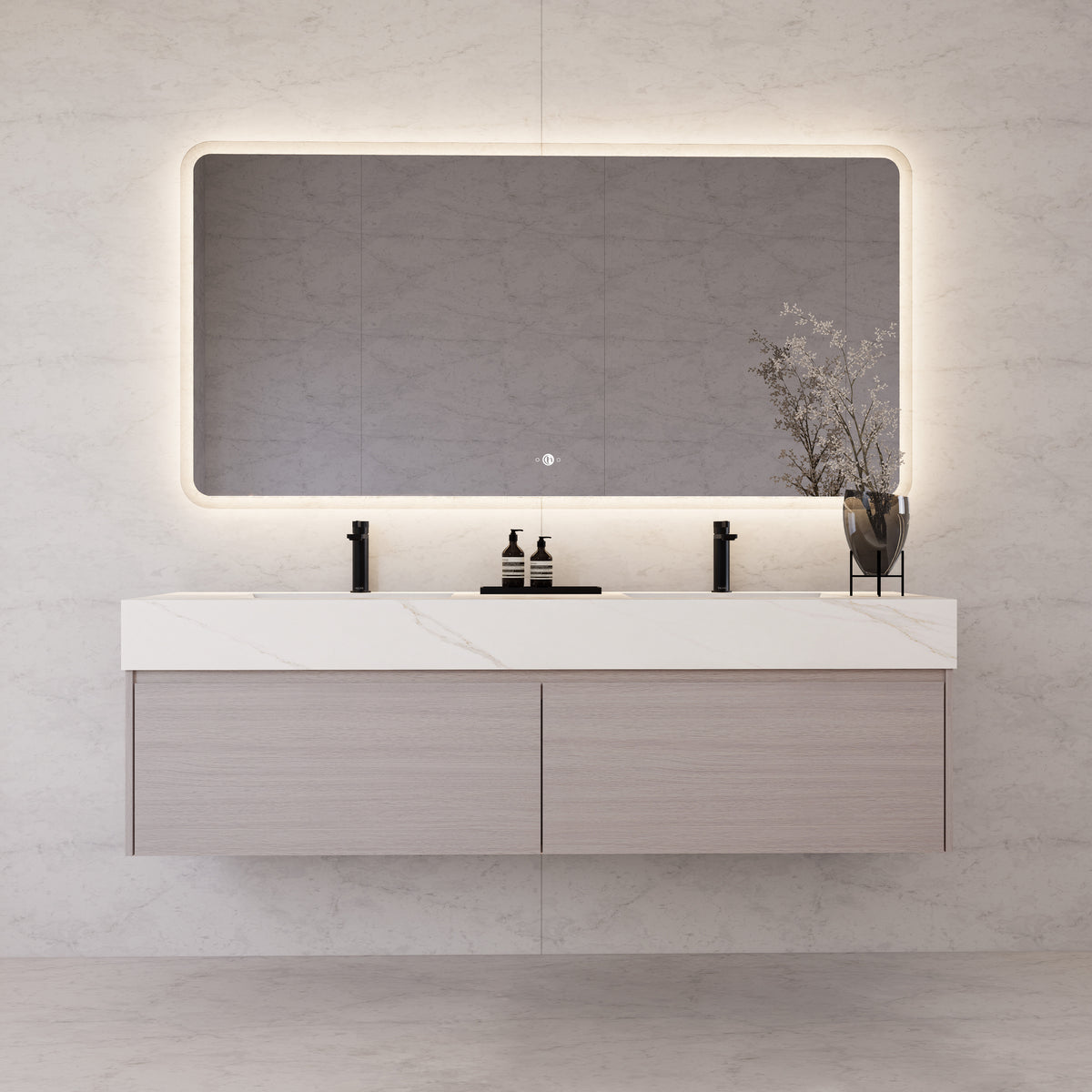 Tocador de baño flotante individual con cubierta de piedra de 60" / 71" de doble lavabo