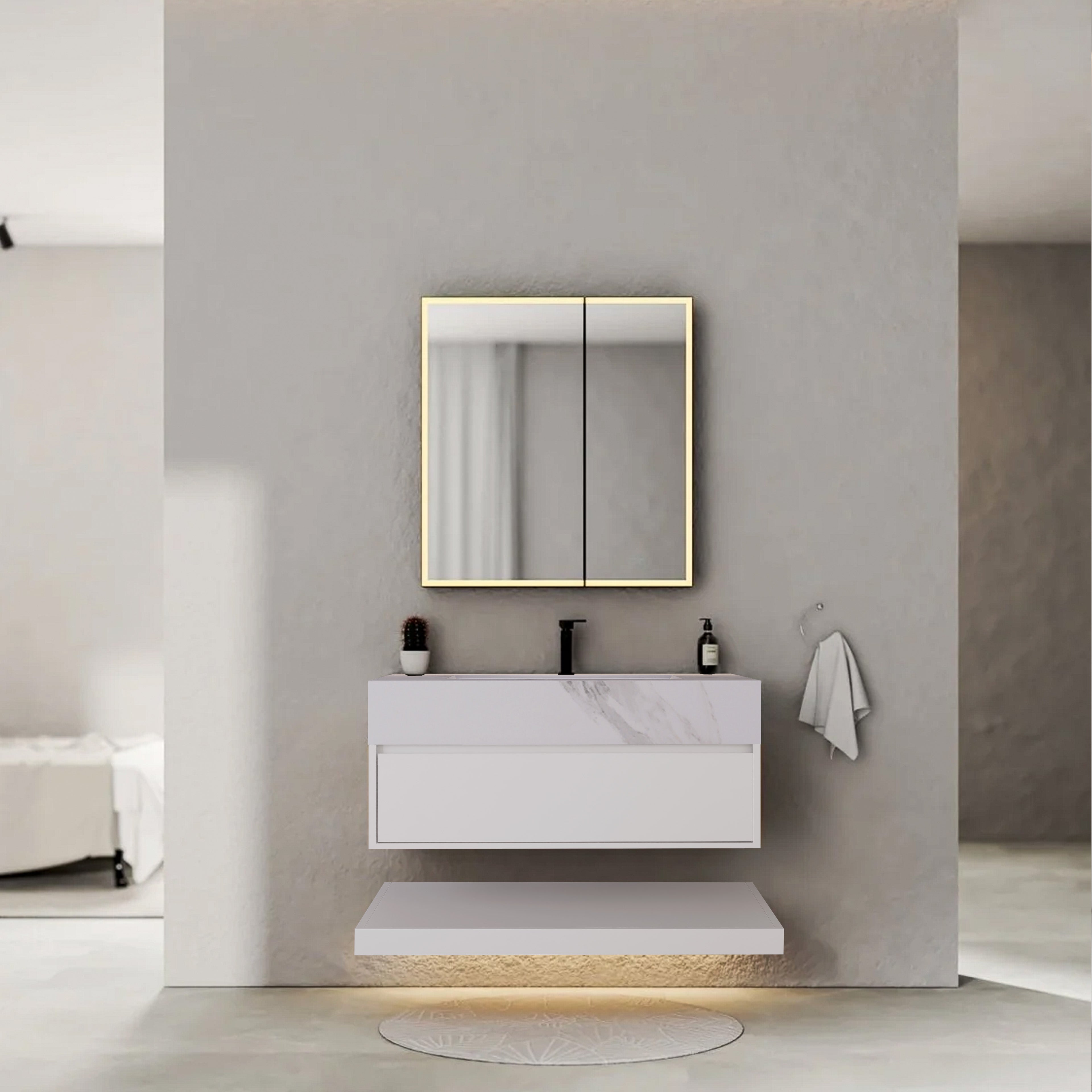 32" White Sintered Stone Top with Hotel-Style Floating Bathroom Vanity