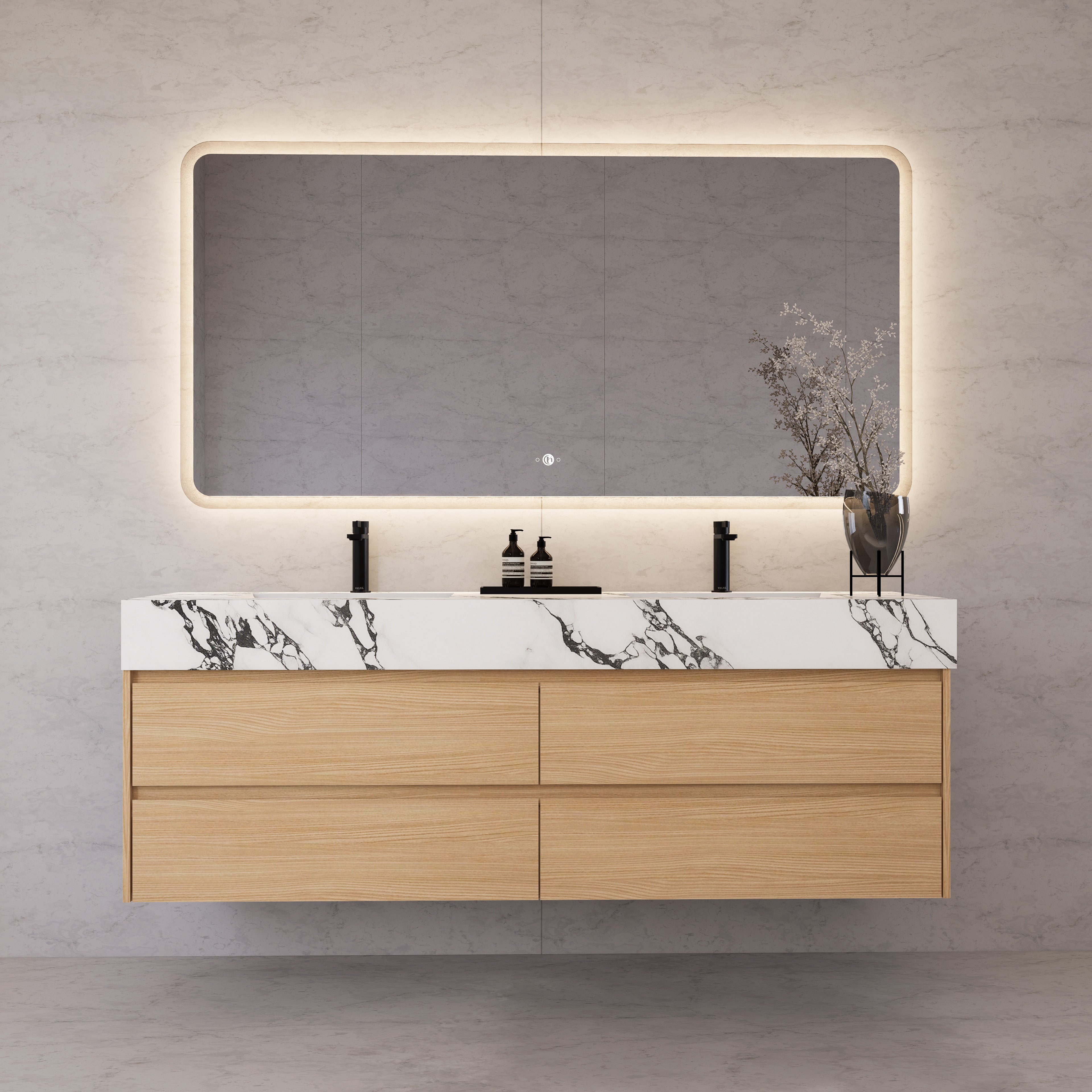 71"，60" Nature Oak Double Sink Sintered Stone Top with Floating Bathroom Vanity
