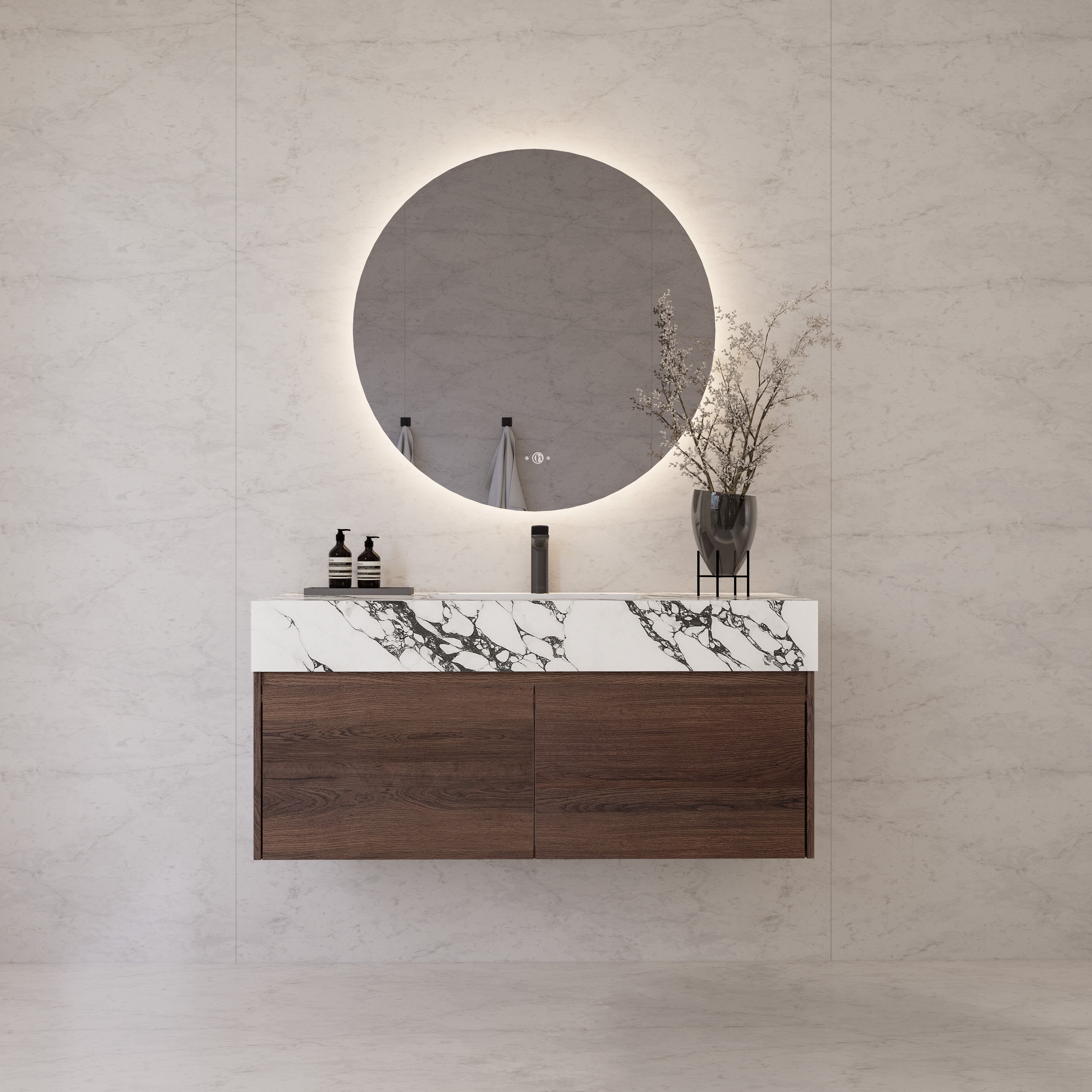 48", 60" Walnut Sintered Stone Top with Double Drawer Floating Bathroom Vanity
