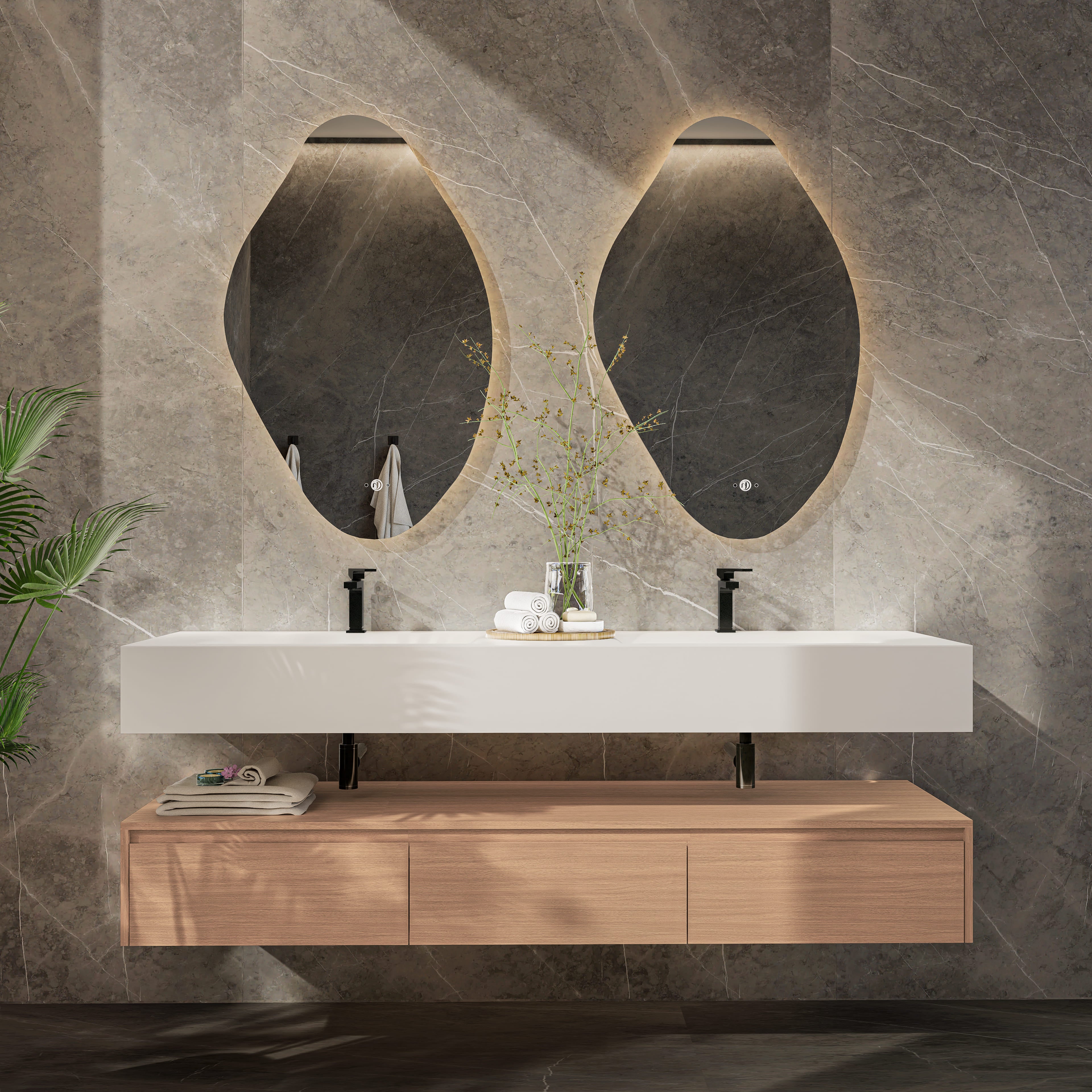 71" Wall Mount Bathroom Vanity - Stone Integrated Basin & Plywood Cabinet