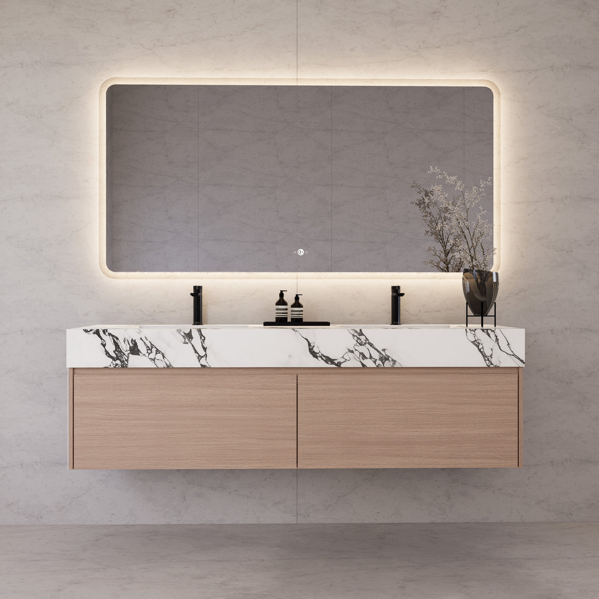 Meuble-lavabo suspendu double de 60 po / 71 po en chêne fumé avec dessus en pierre