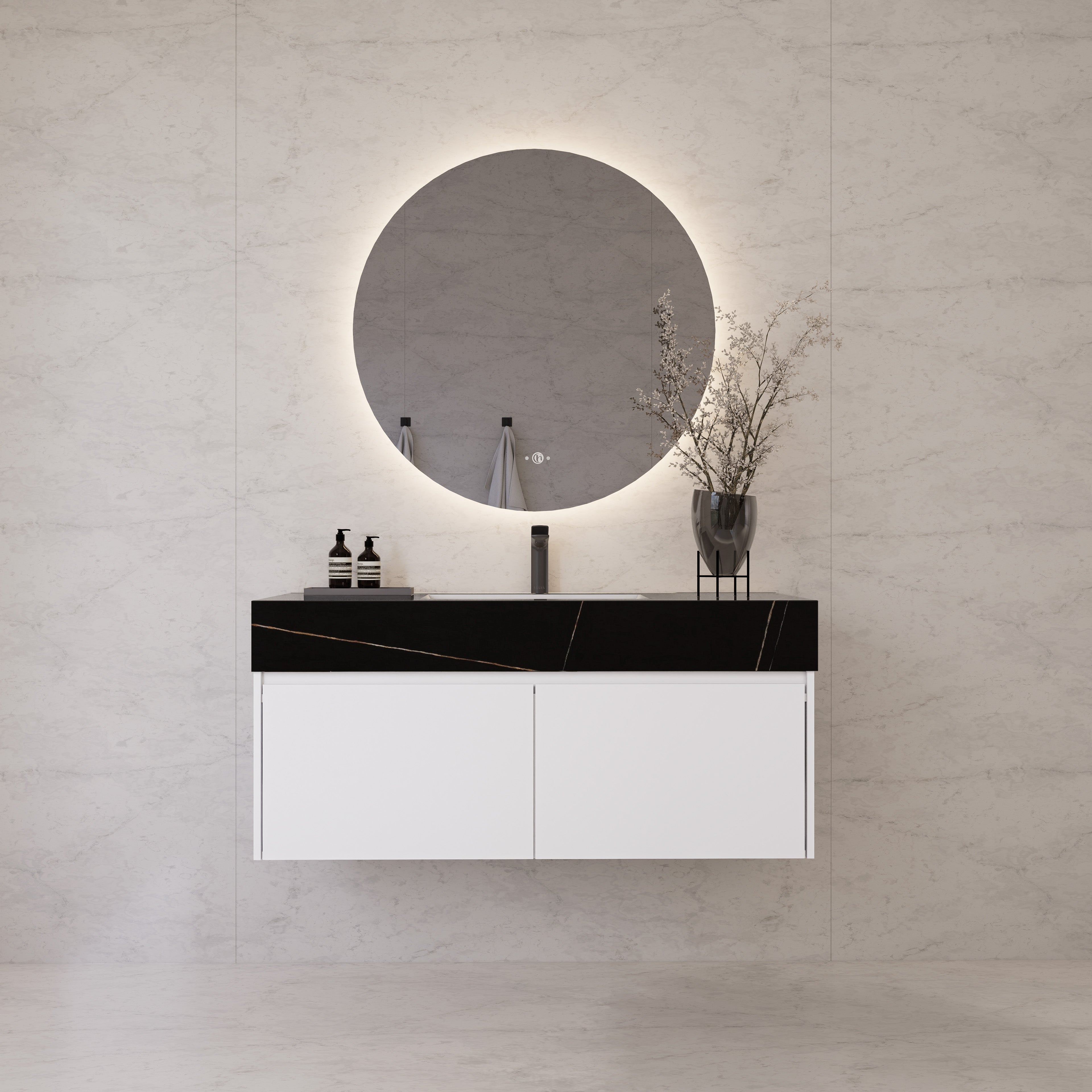 48" White Sintered Stone Top with Double Drawer Floating Bathroom Vanity