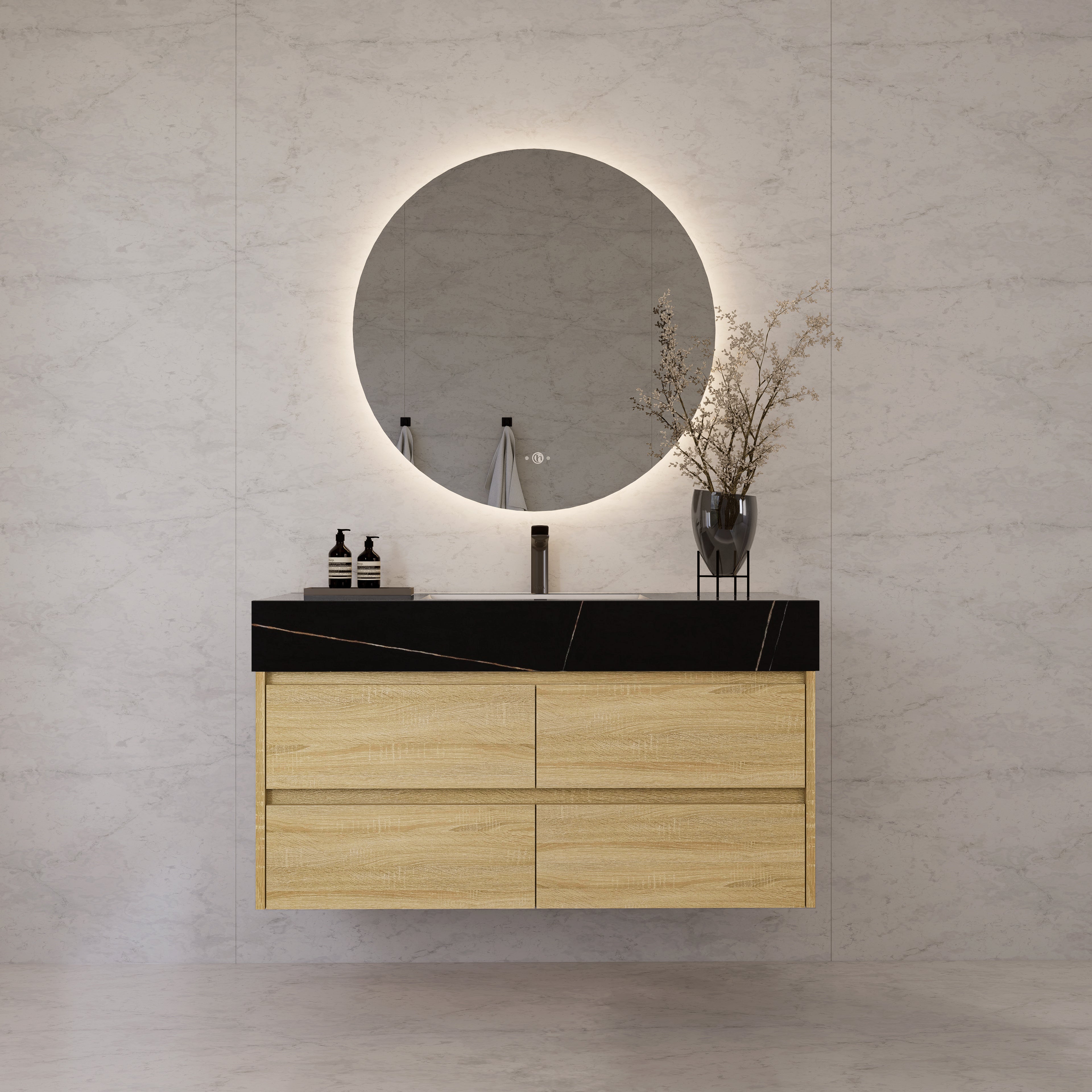 48"，60" Light Oak Sintered Stone Top With Four Drawer Floating Bathroom Vanity