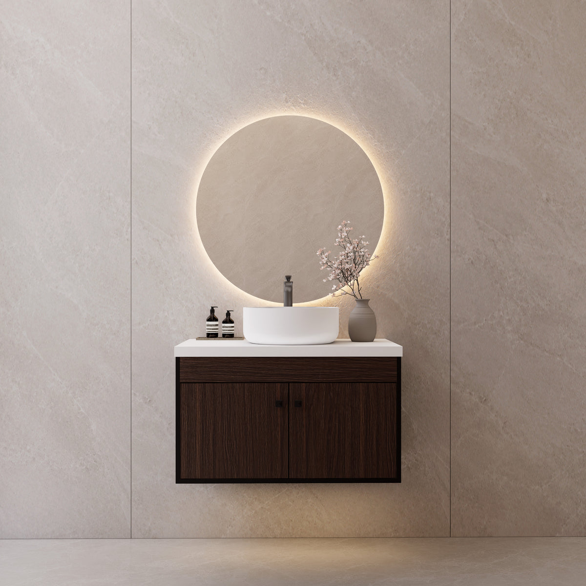 Vessel Sink Vanity — Floating Plywood Cabinet with Sintered Stone Top, Espresso Walnut