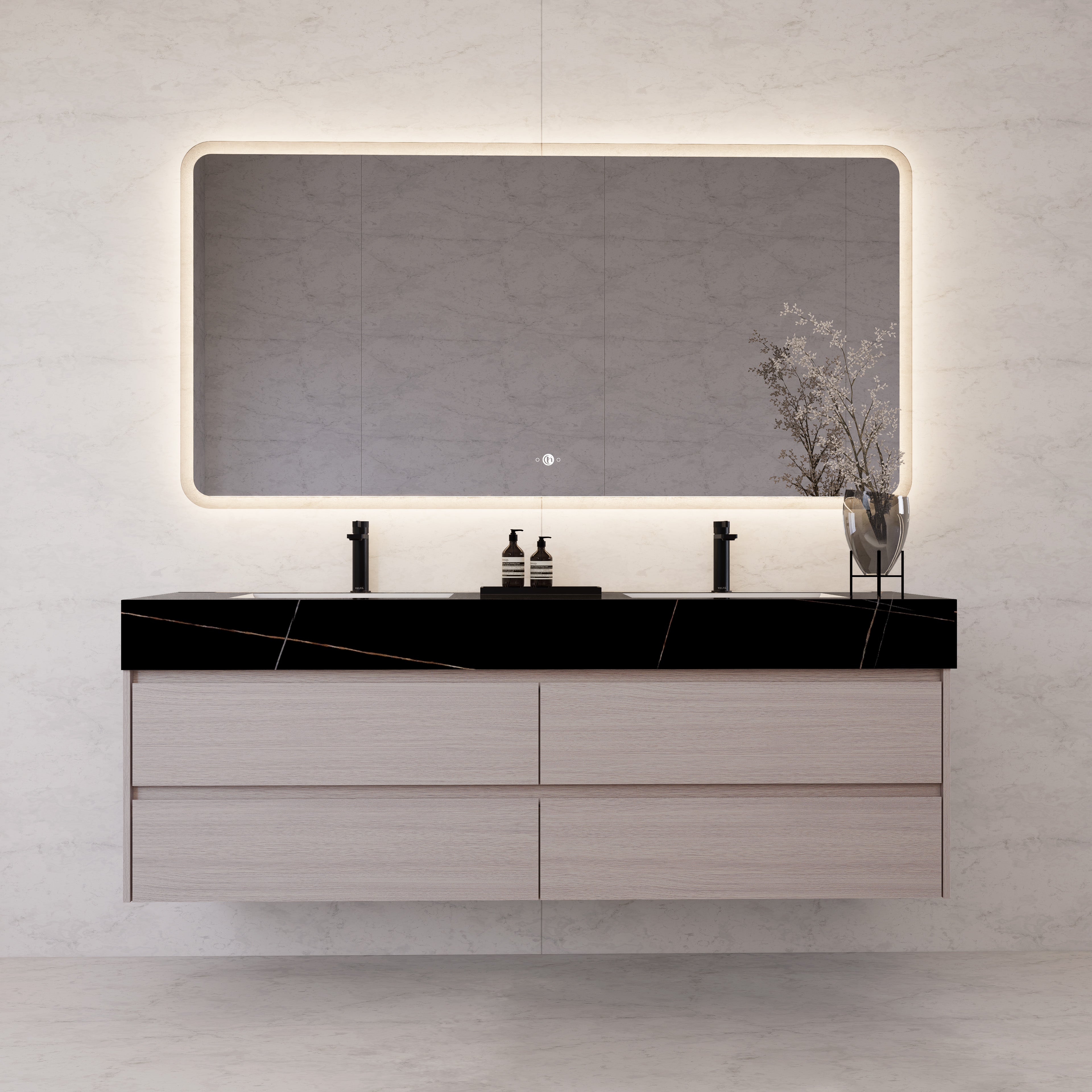 71"，60" White Grey Oak Double Sink Sintered Stone Top with Floating Bathroom Vanity