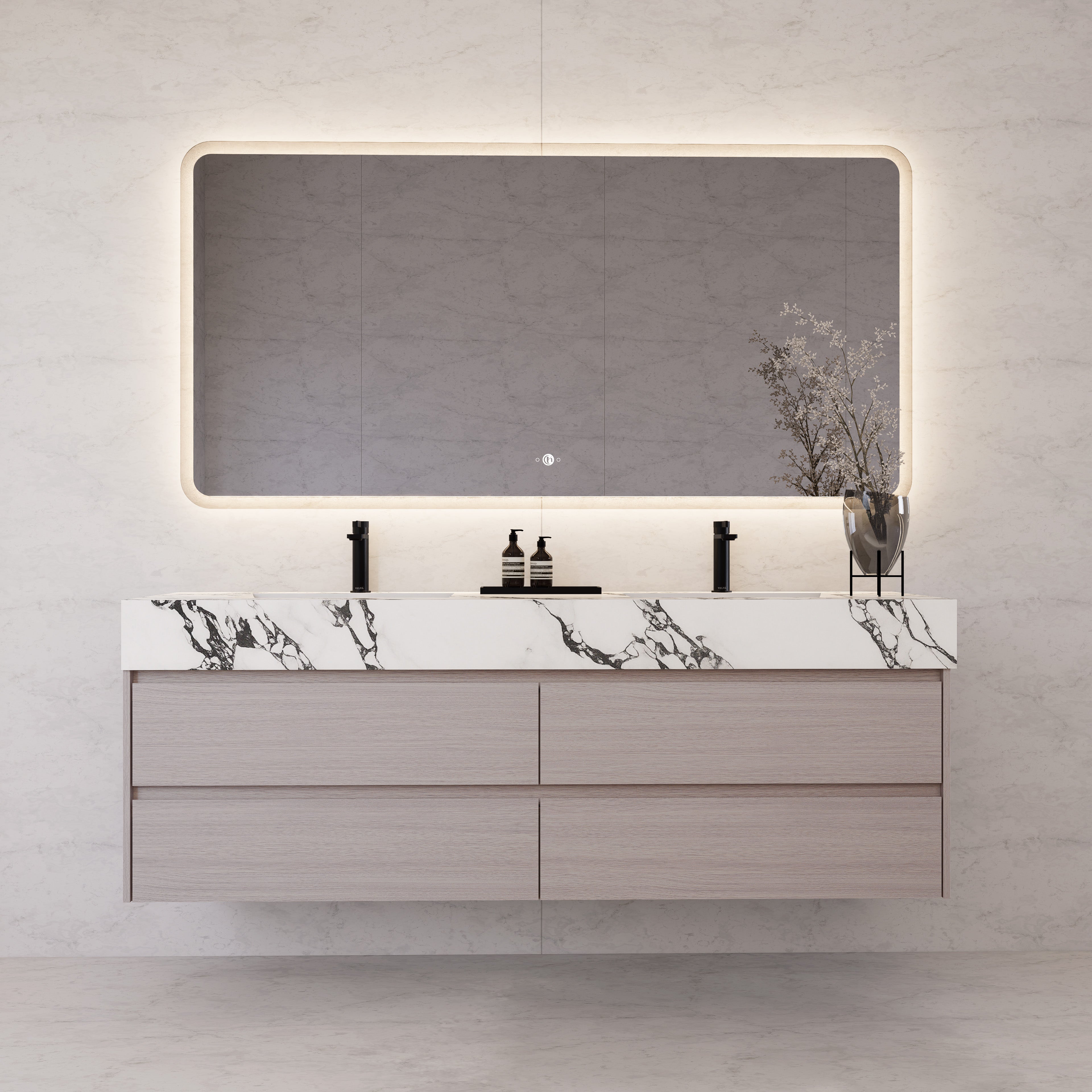 71"，60" White Grey Oak Double Sink Sintered Stone Top with Floating Bathroom Vanity