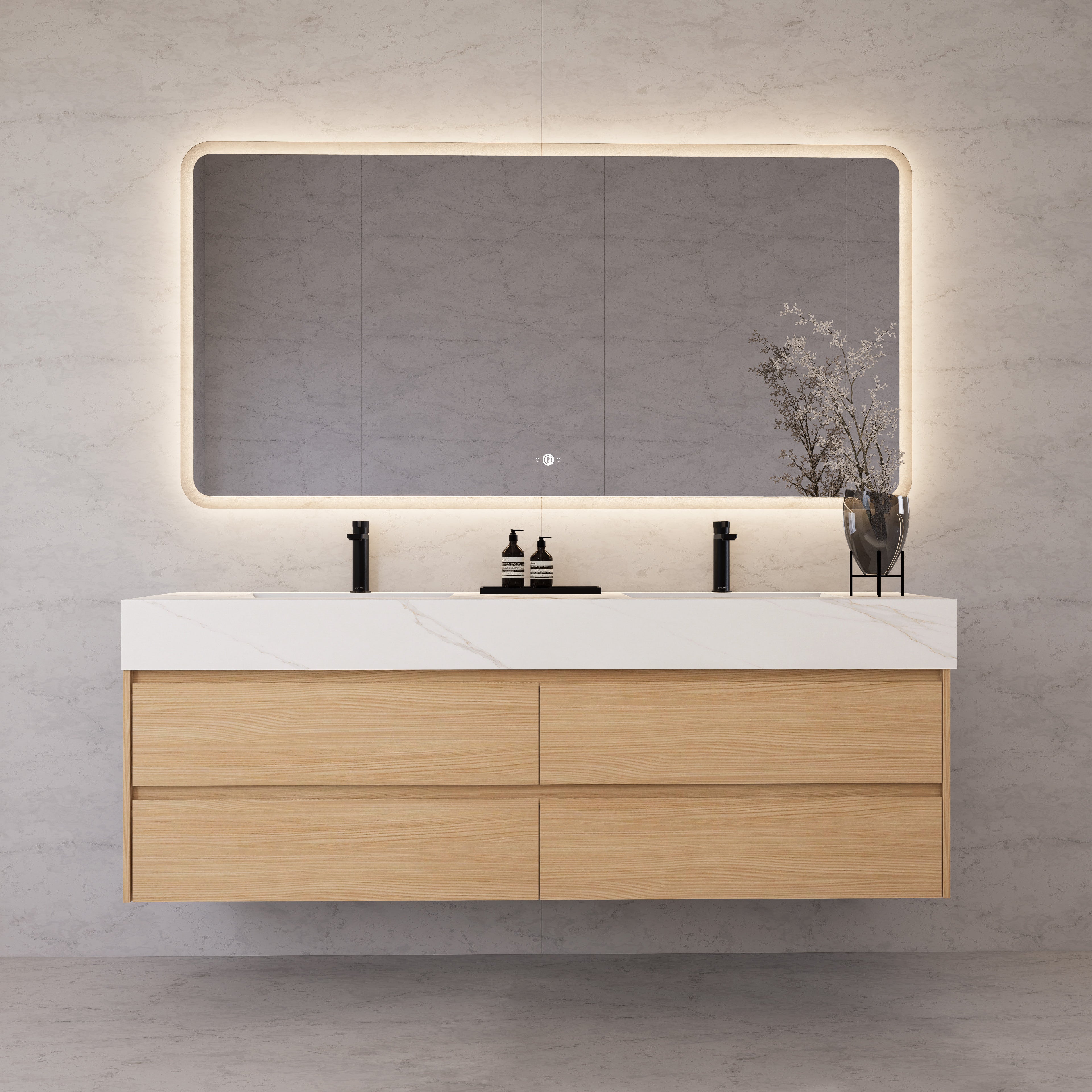 71"，60" Nature Oak Double Sink Sintered Stone Top with Floating Bathroom Vanity