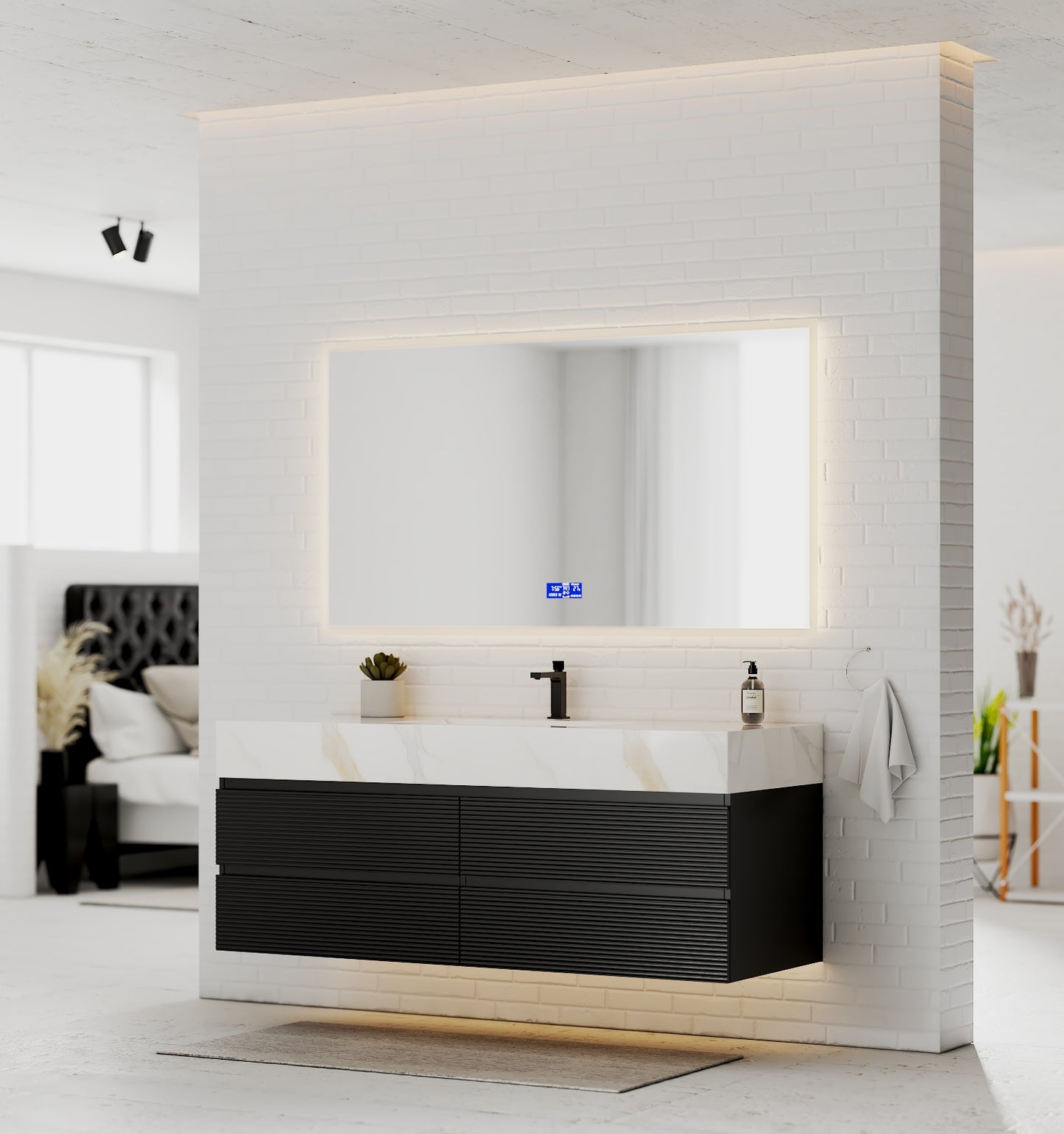 Black 60" Wall-Mounted Single Sink Bathroom Vanity with Fluted Drawers