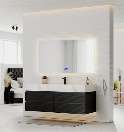 Black 60" Wall-Mounted Single Sink Bathroom Vanity with Fluted Drawers