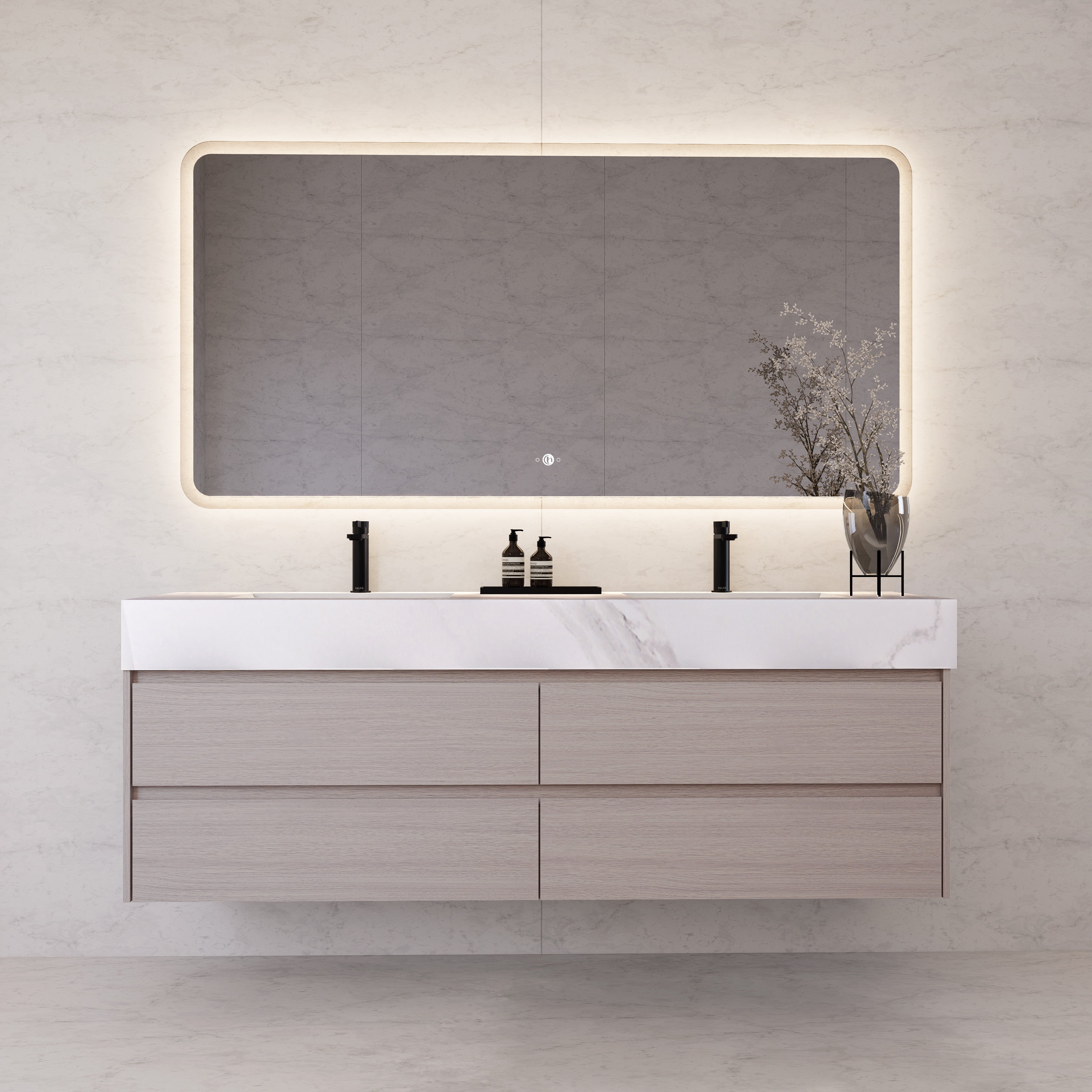 71"，60" White Grey Oak Double Sink Sintered Stone Top with Floating Bathroom Vanity