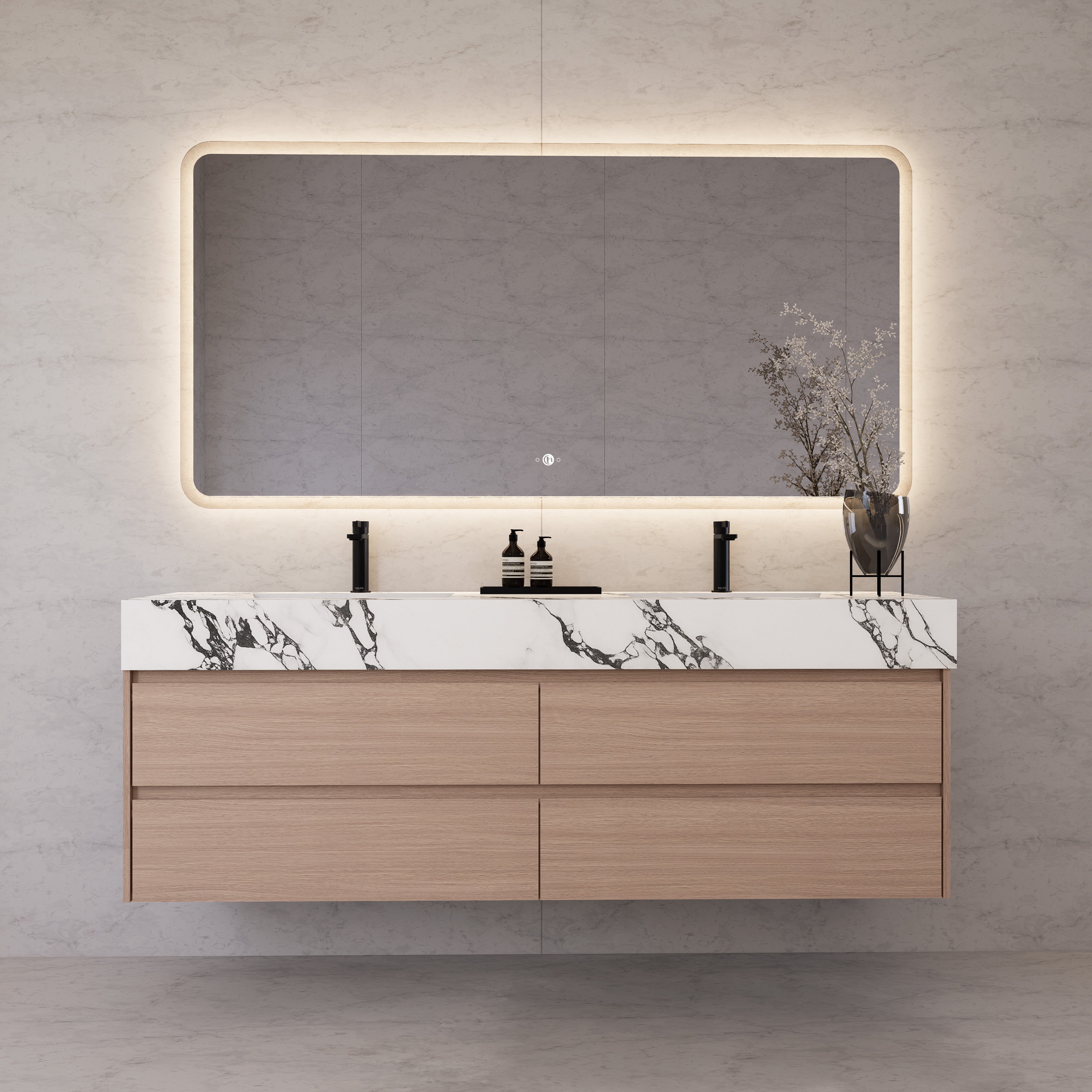 71"，60" Smoked Oak Double Sink Sintered Stone Top with Floating Bathroom Vanity