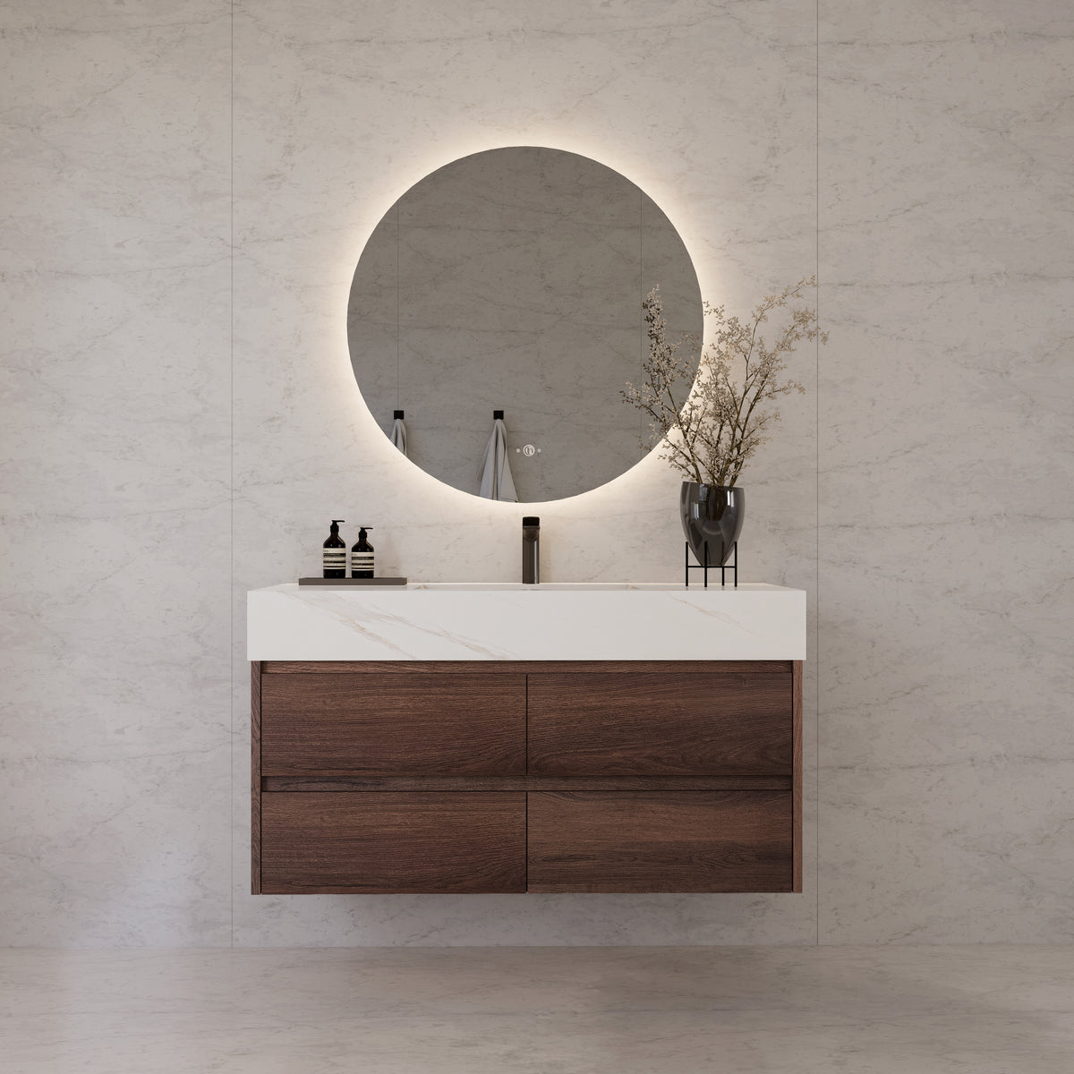 48"，60" Walnut Sintered Stone Top With Four Drawer Floating Bathroom Vanity