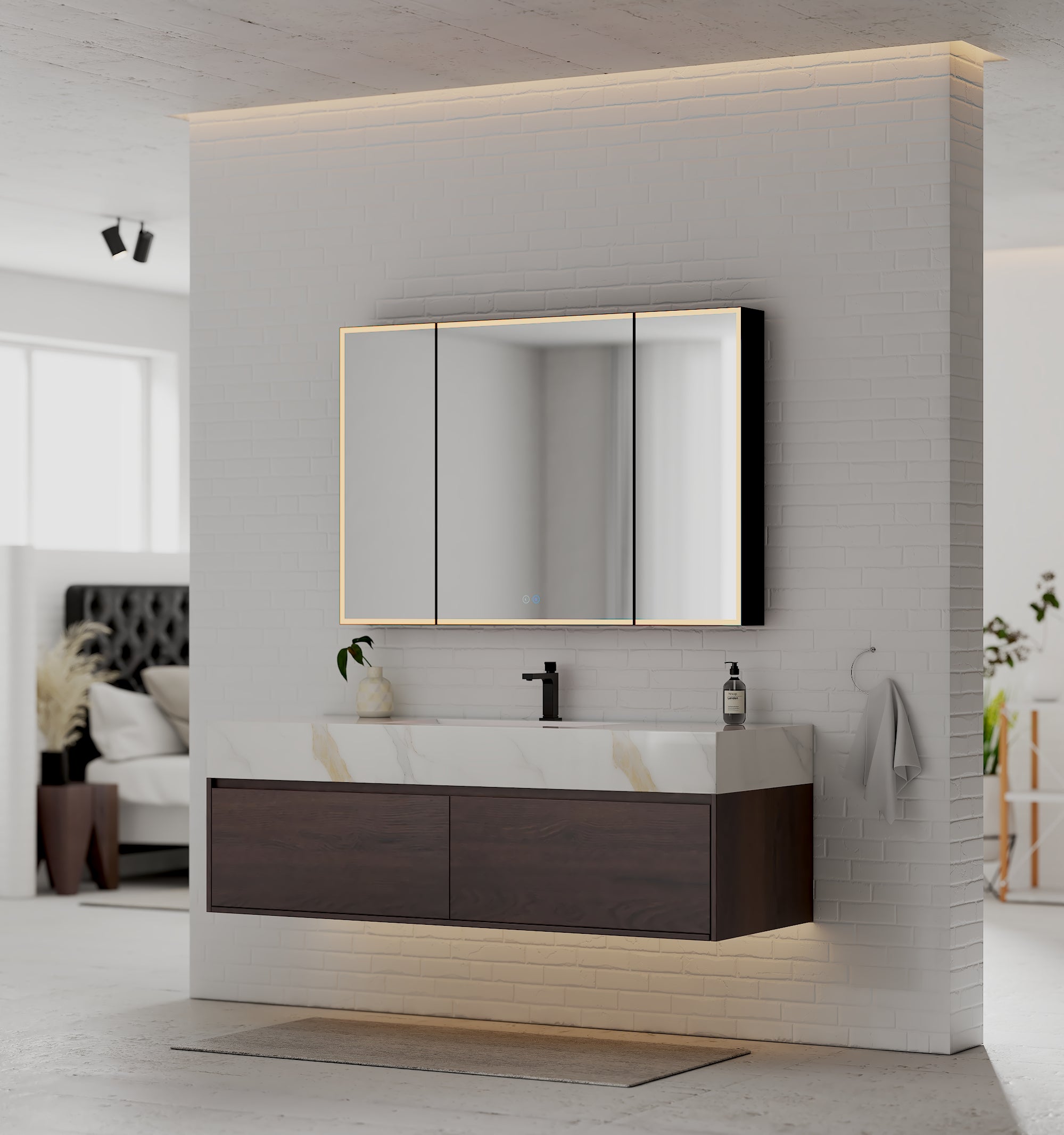 48", 60" Walnut Sintered Stone Top with Double Drawer Floating Bathroom Vanity