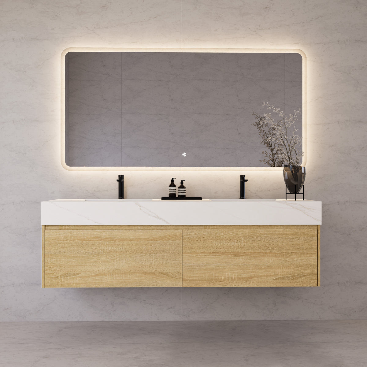 Meuble-lavabo flottant simple de 60 po / 71 po avec dessus en pierre et vasque double