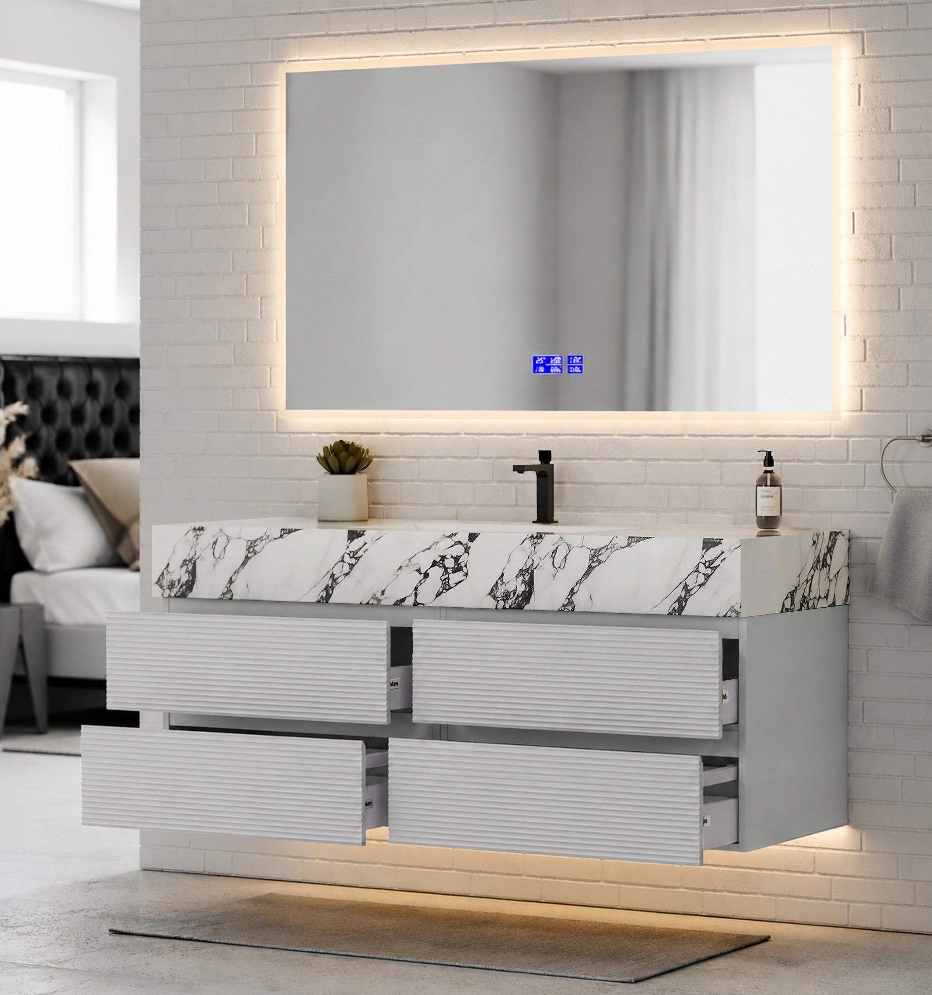 60” Light Grey Modern Floating Bathroom Vanity 4 Drawers– Single Basin