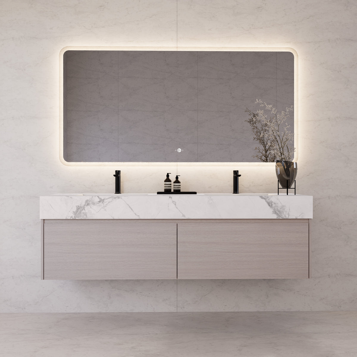 Tocador de baño flotante individual con cubierta de piedra de 60" / 71" de doble lavabo