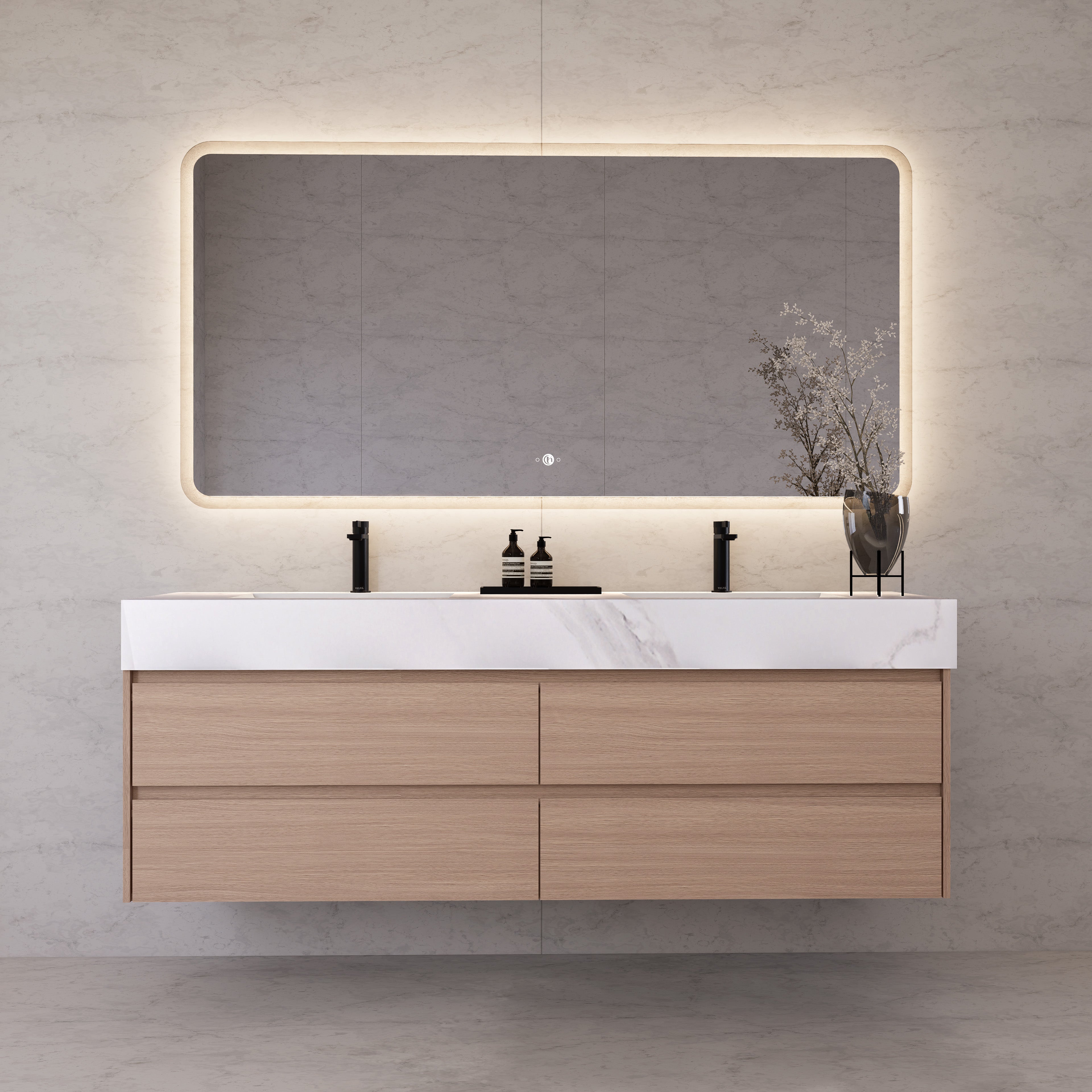 71"，60" Smoked Oak Double Sink Sintered Stone Top with Floating Bathroom Vanity