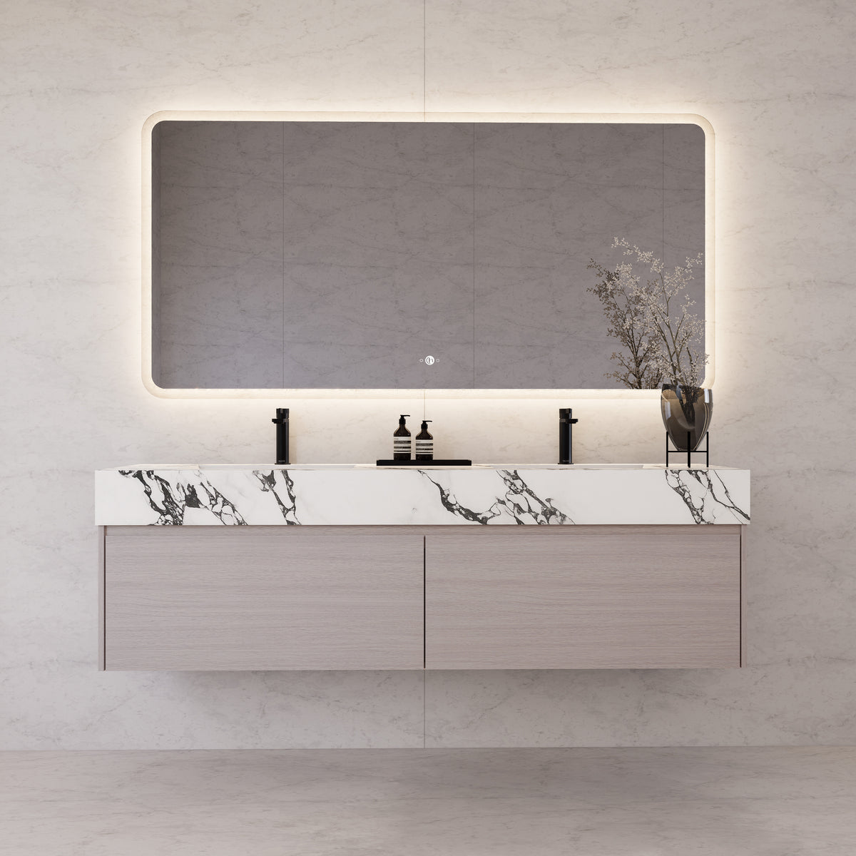 Tocador de baño flotante individual con cubierta de piedra de 60" / 71" de doble lavabo