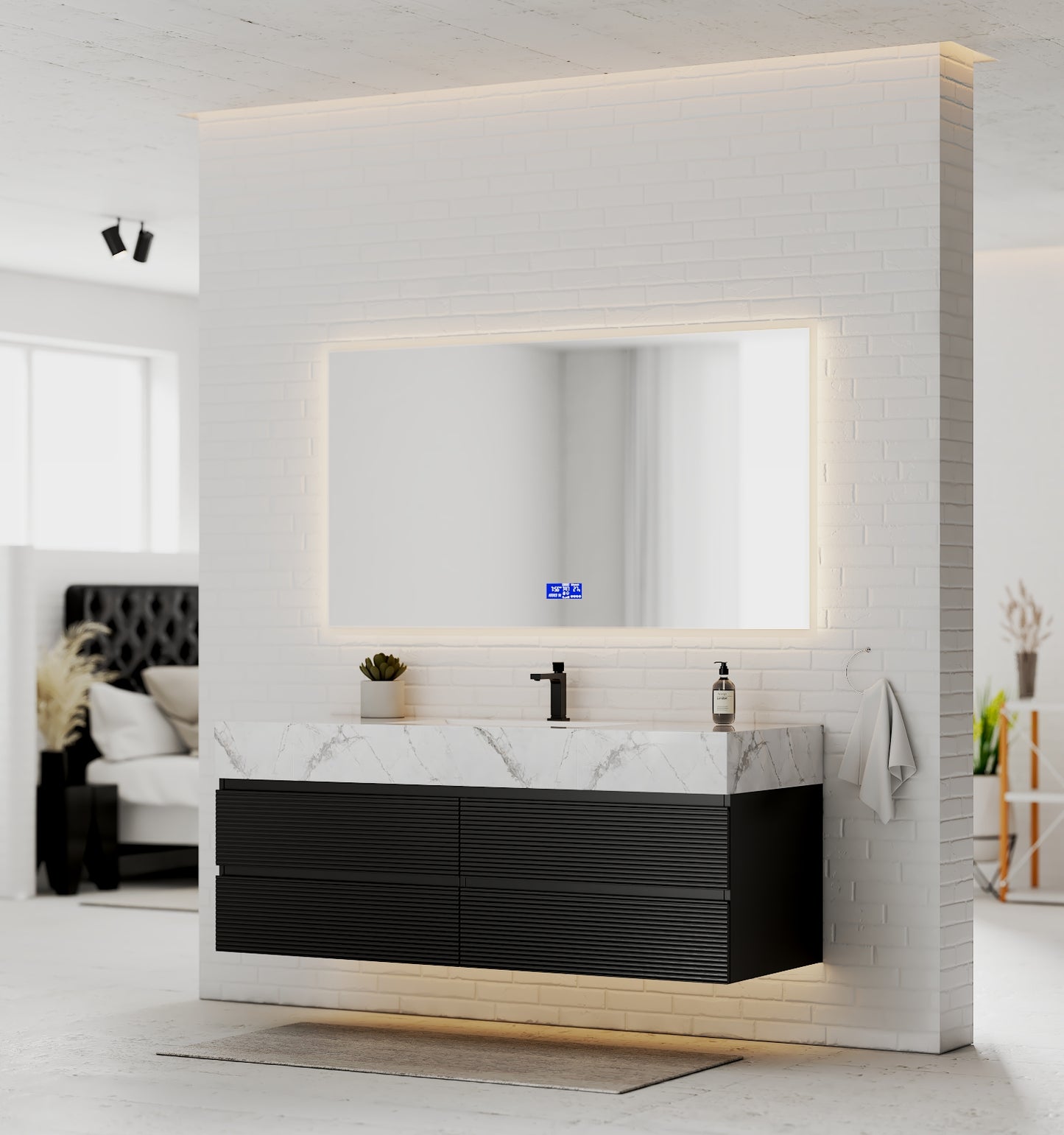 Black 60" Wall-Mounted Single Sink Bathroom Vanity with Fluted Drawers