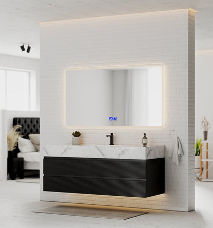 Black 60" Wall-Mounted Single Sink Bathroom Vanity with Fluted Drawers