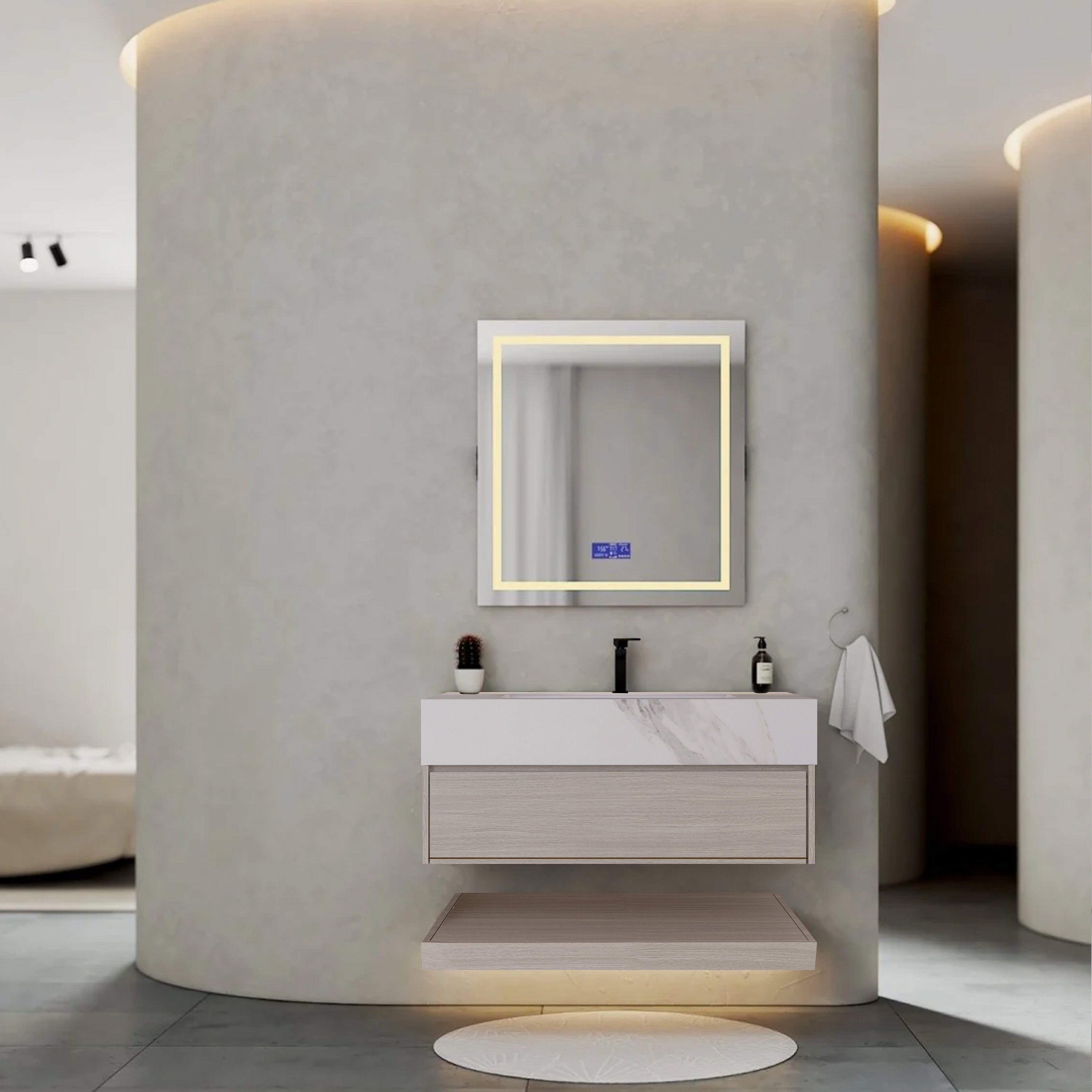 32", 36", 40" White Grey Oak Hotel-Style Floating Bathroom Vanity With Sintered Stone Top with
