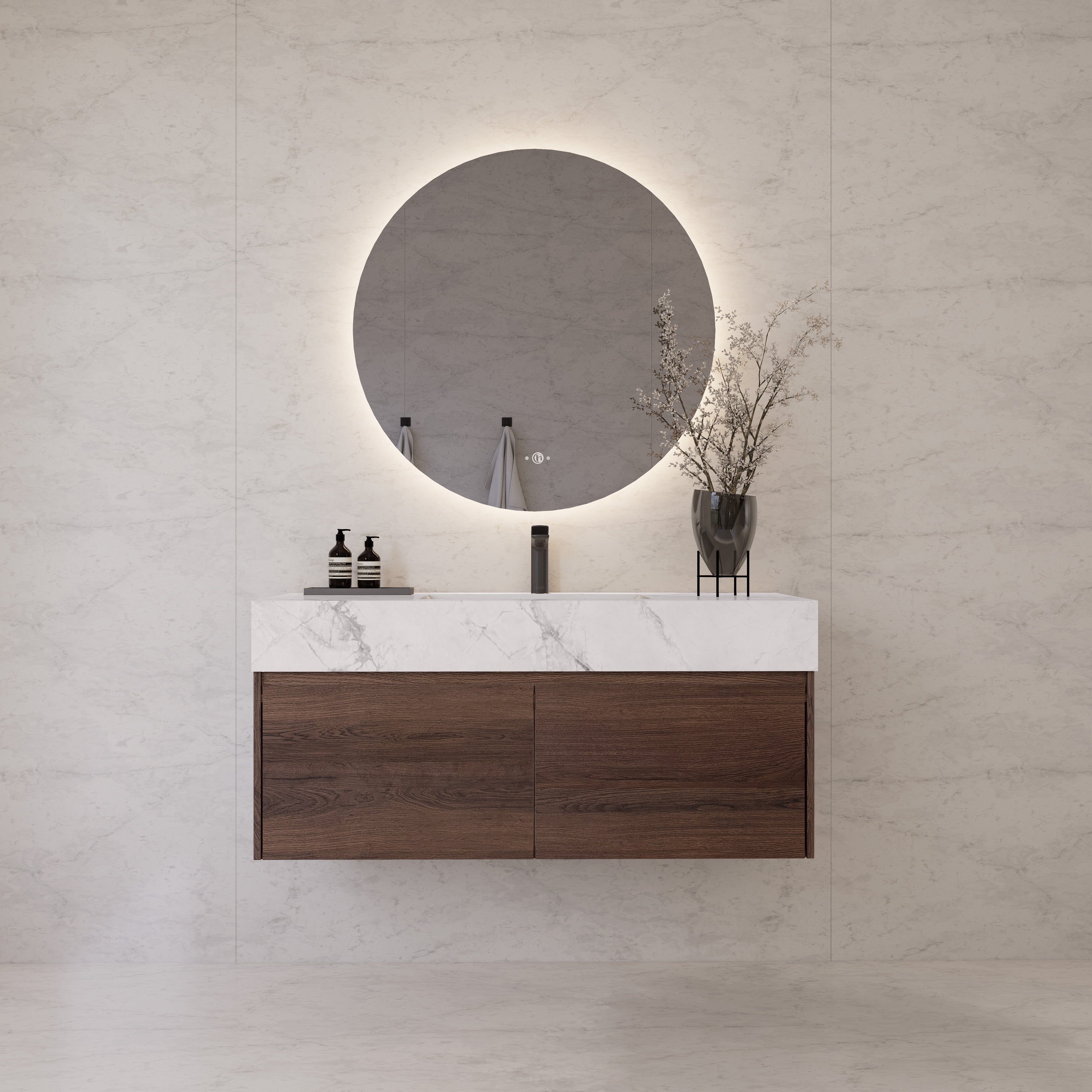 48", 60" Walnut Sintered Stone Top with Double Drawer Floating Bathroom Vanity