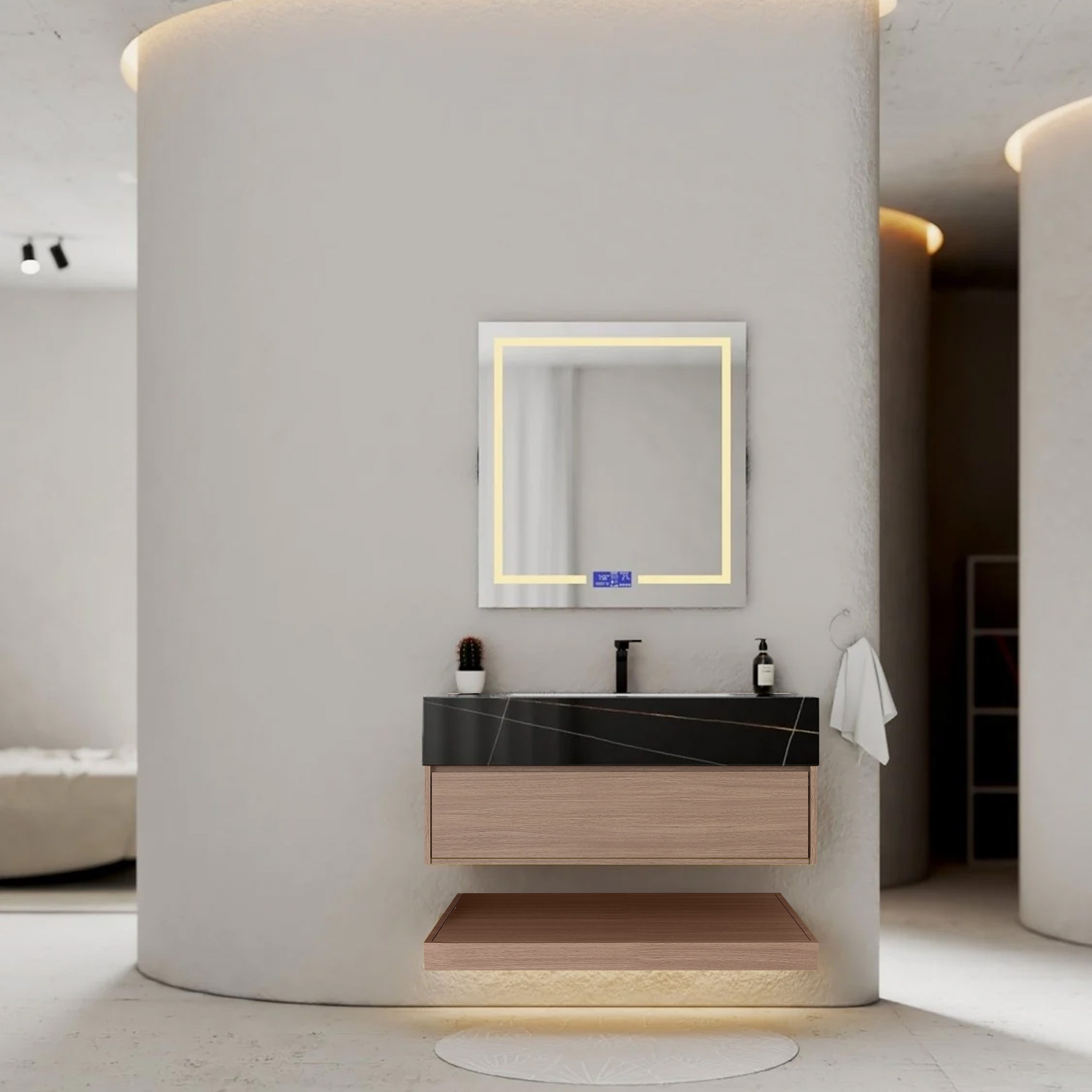32", 36", 40" Smoked Oak Hotel-Style Floating Bathroom Vanity With Sintered Stone Top