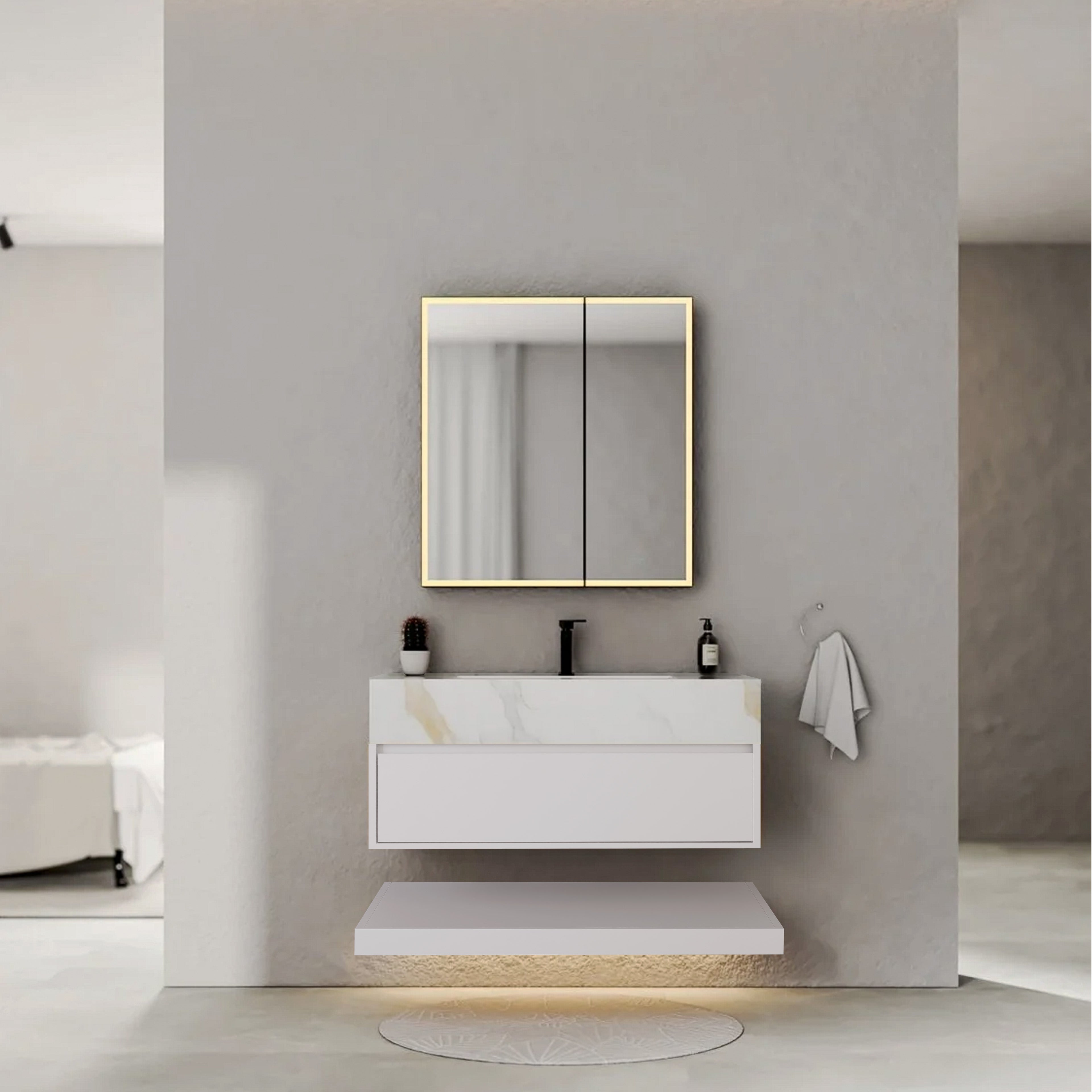 32" White Sintered Stone Top with Hotel-Style Floating Bathroom Vanity