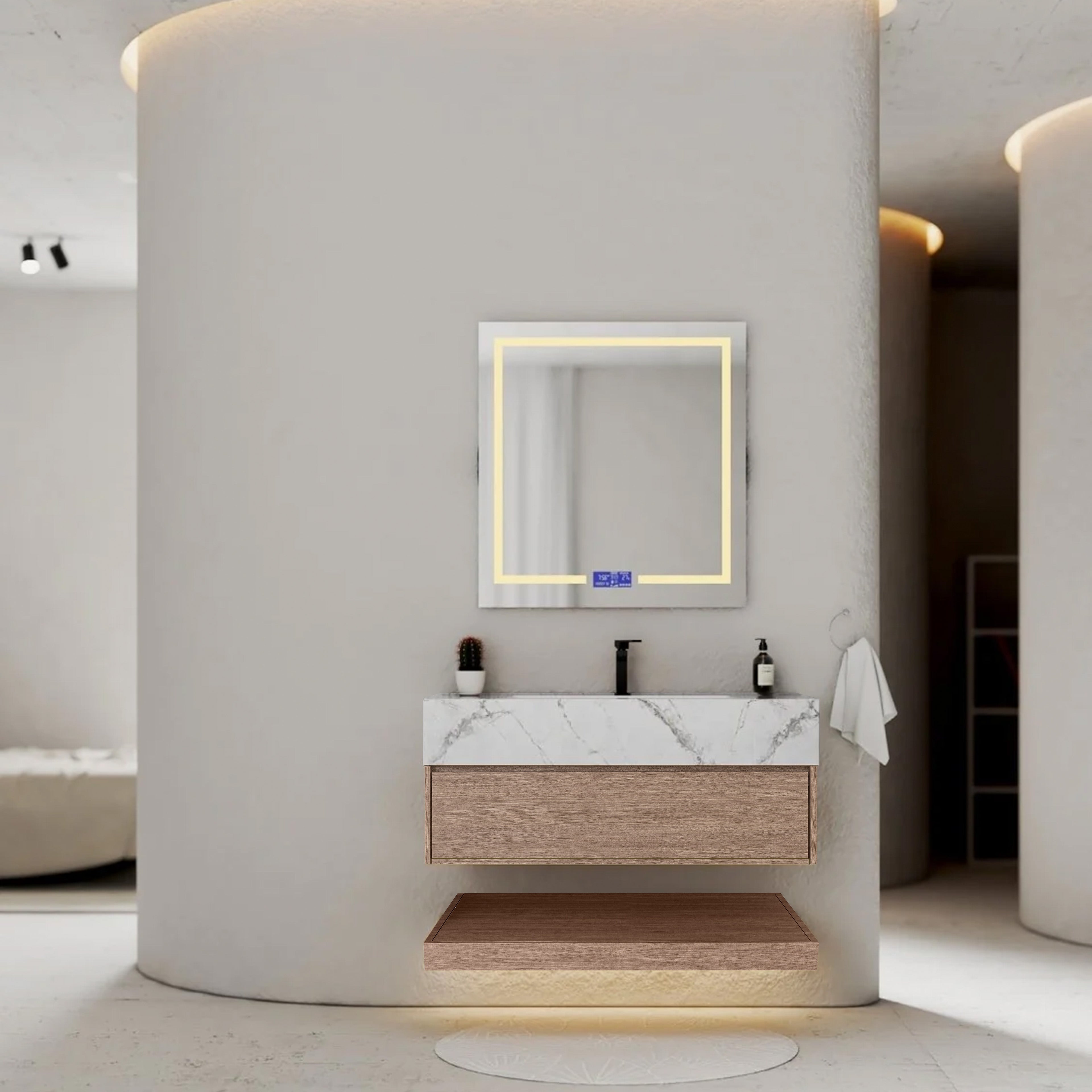 32", 36", 40" Smoked Oak Hotel-Style Floating Bathroom Vanity With Sintered Stone Top