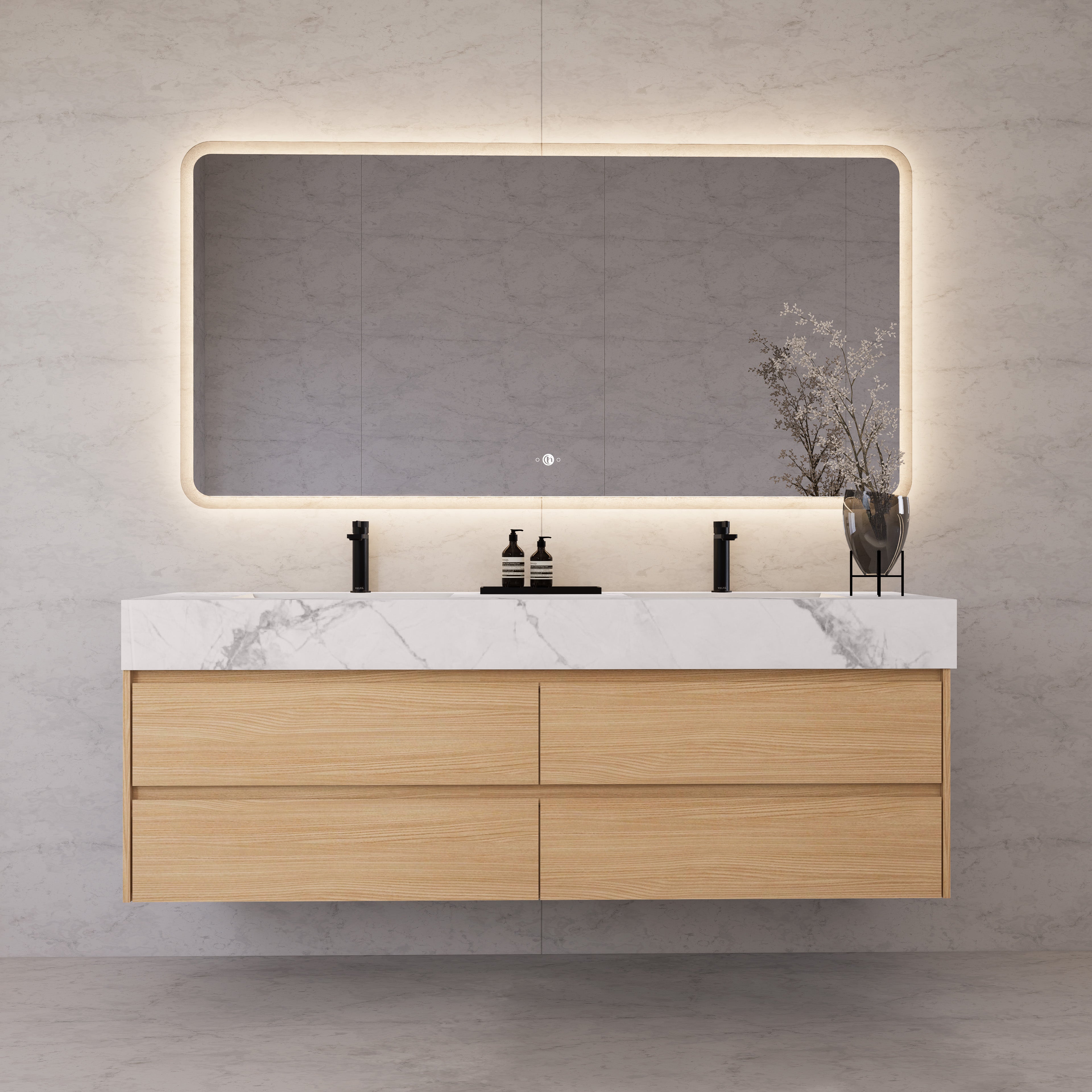 71"，60" Nature Oak Double Sink Sintered Stone Top with Floating Bathroom Vanity