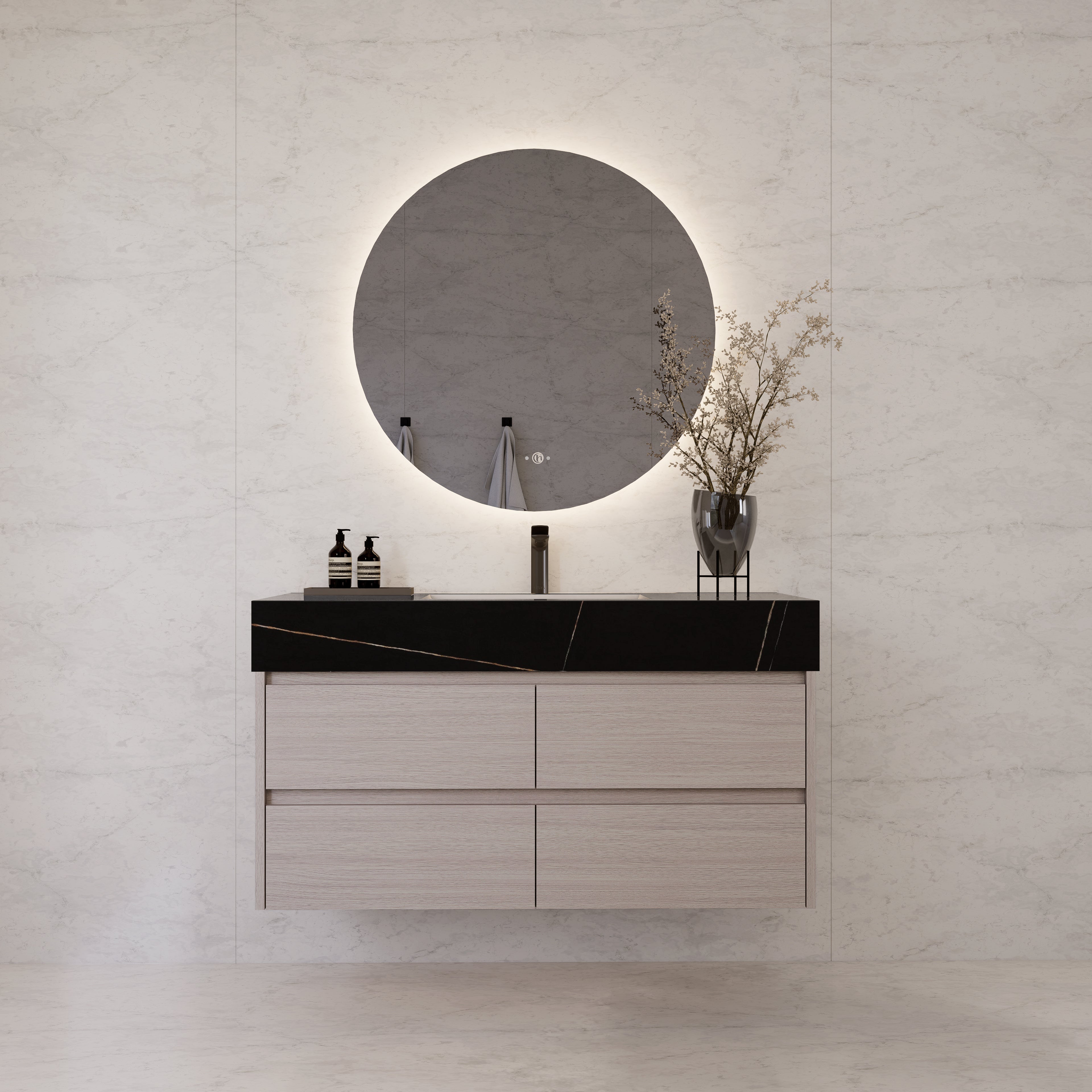 48"，60" White Grey Sintered Stone Top With Four Drawer Floating Bathroom Vanity