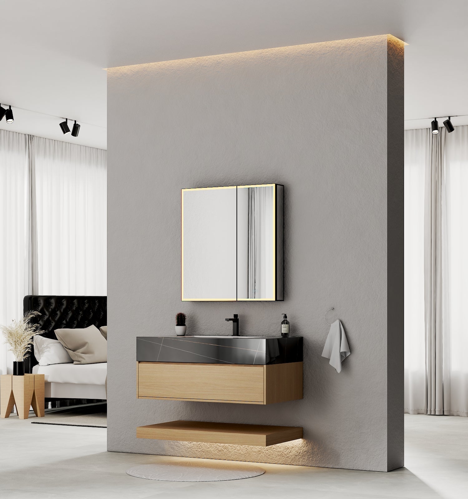 32", 36", 40" Nature Oak Hotel-Style Floating Bathroom Vanity With Sintered Stone Top