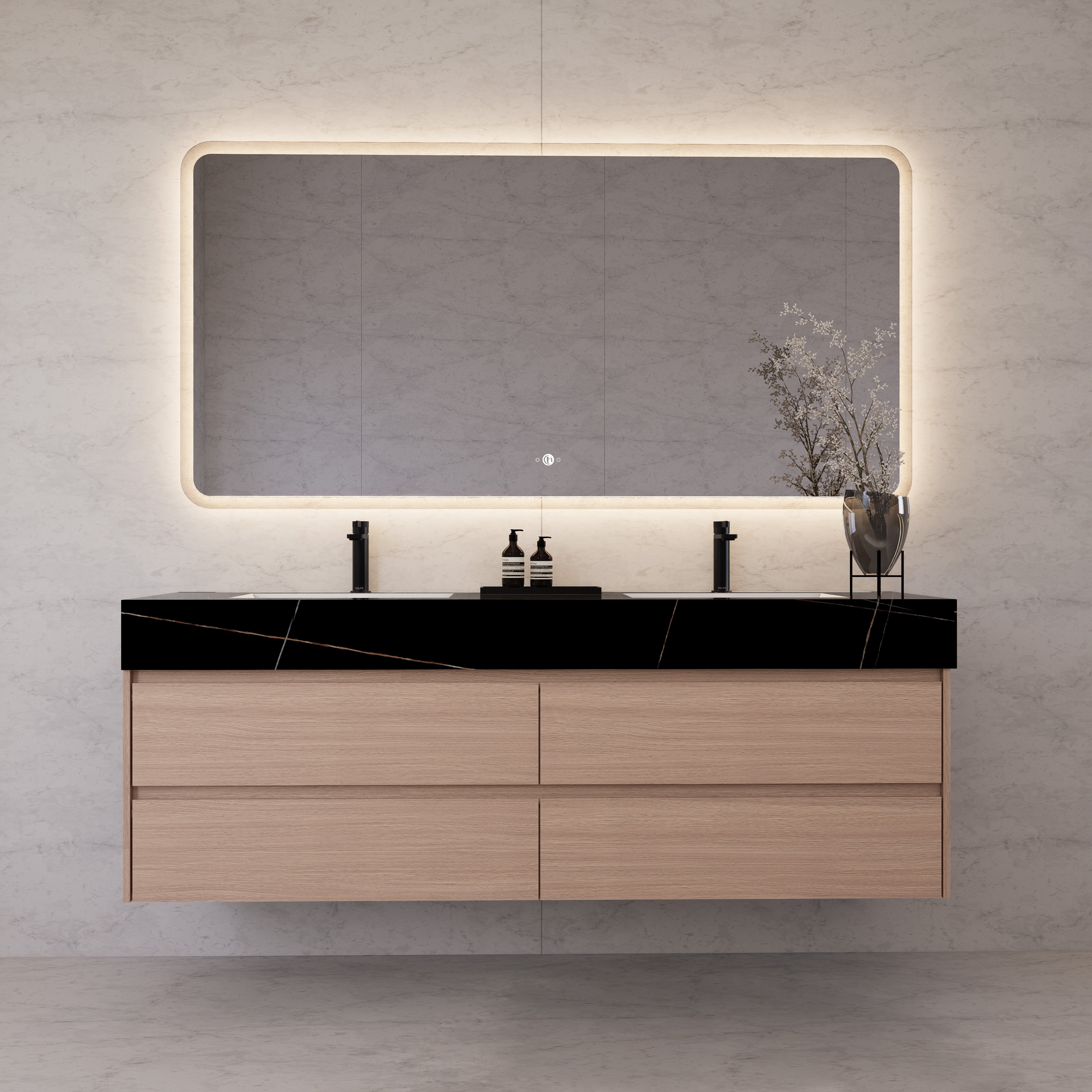 71"，60" Smoked Oak Double Sink Sintered Stone Top with Floating Bathroom Vanity