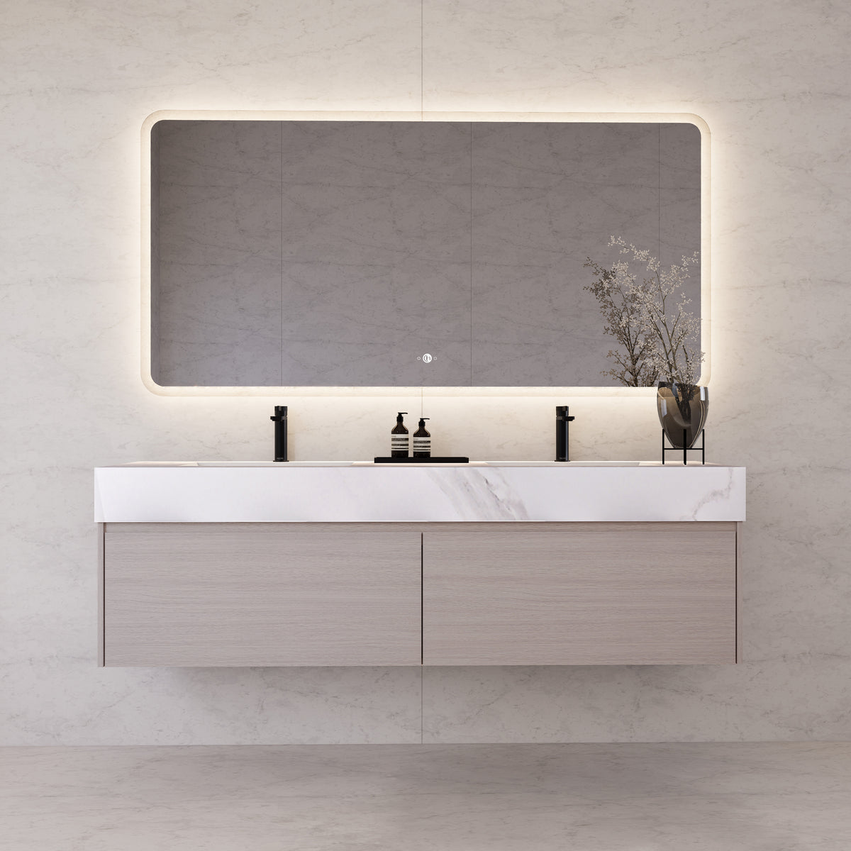 Tocador de baño flotante individual con cubierta de piedra de 60" / 71" de doble lavabo