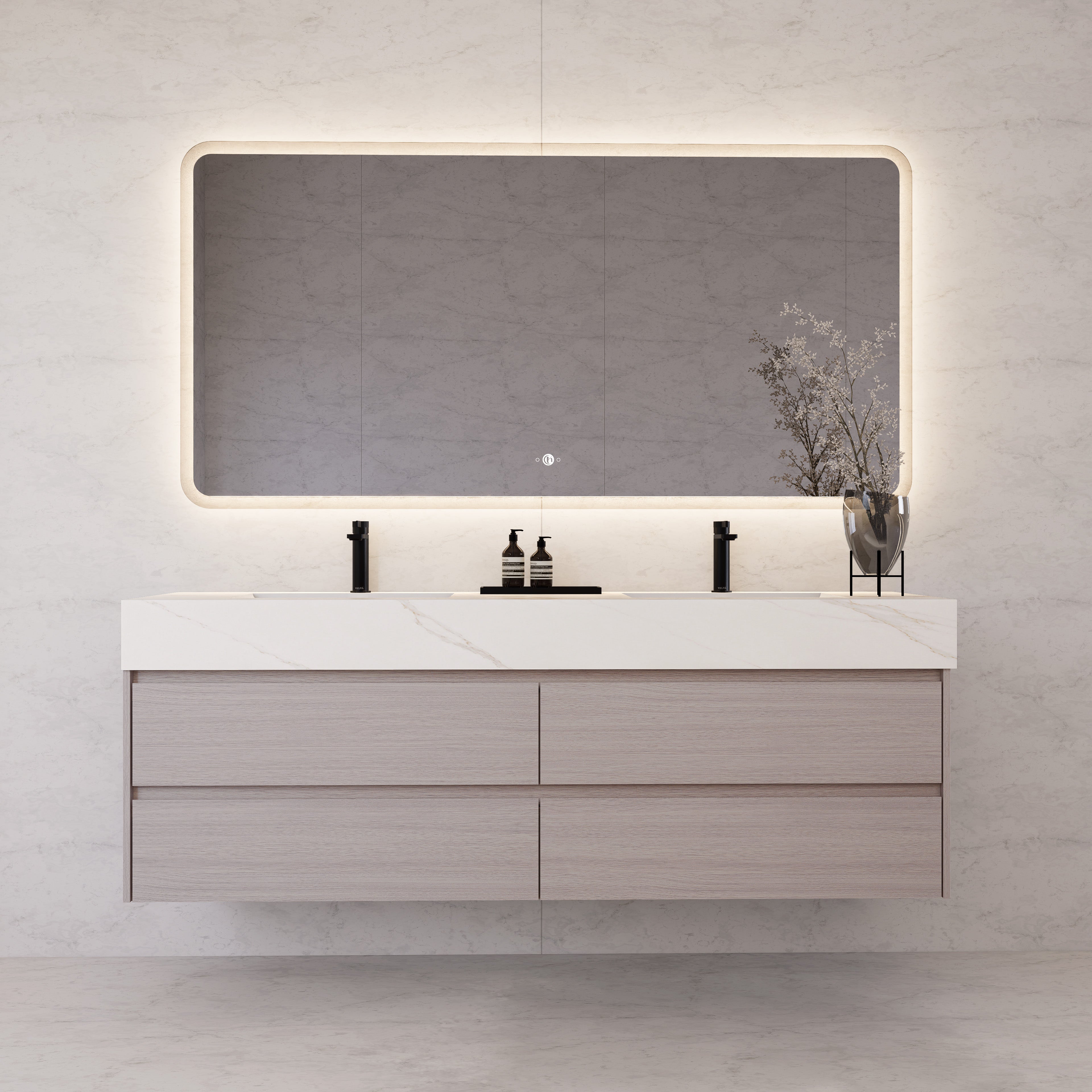 71"，60" White Grey Oak Double Sink Sintered Stone Top with Floating Bathroom Vanity