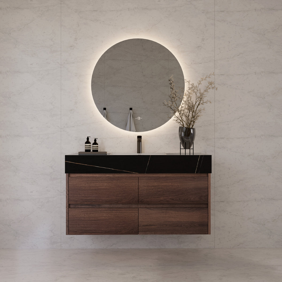 48"，60" Walnut Sintered Stone Top With Four Drawer Floating Bathroom Vanity