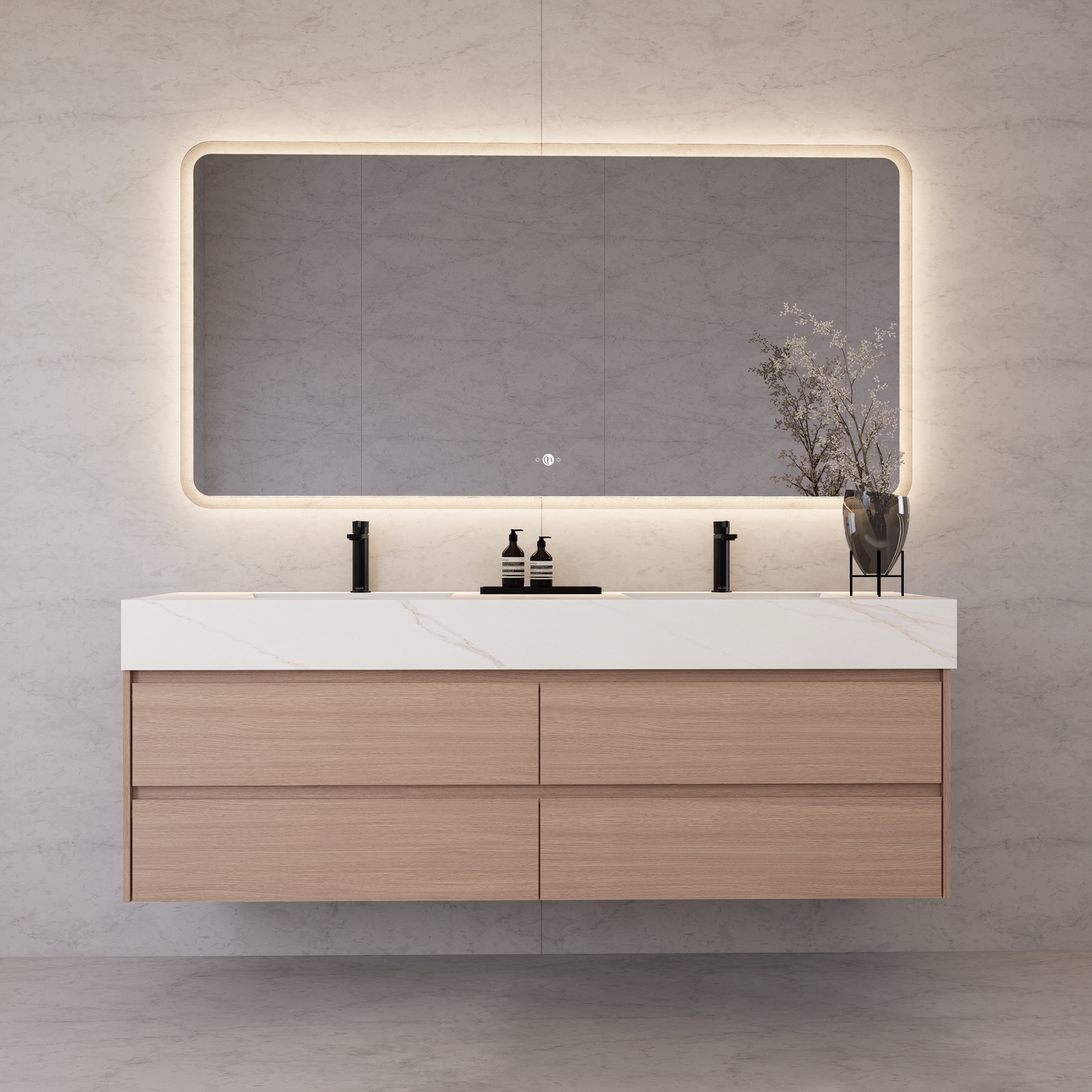 71"，60" Smoked Oak Double Sink Sintered Stone Top with Floating Bathroom Vanity