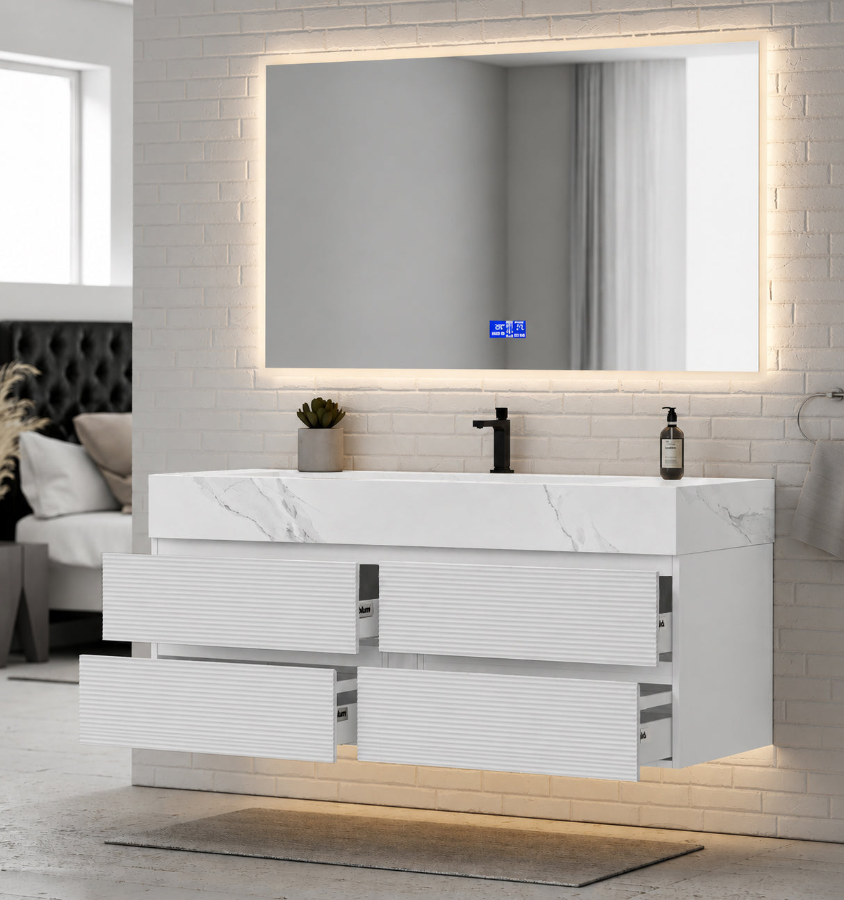 60” White Modern Floating Bathroom Vanity 4 Drawers– Single Basin