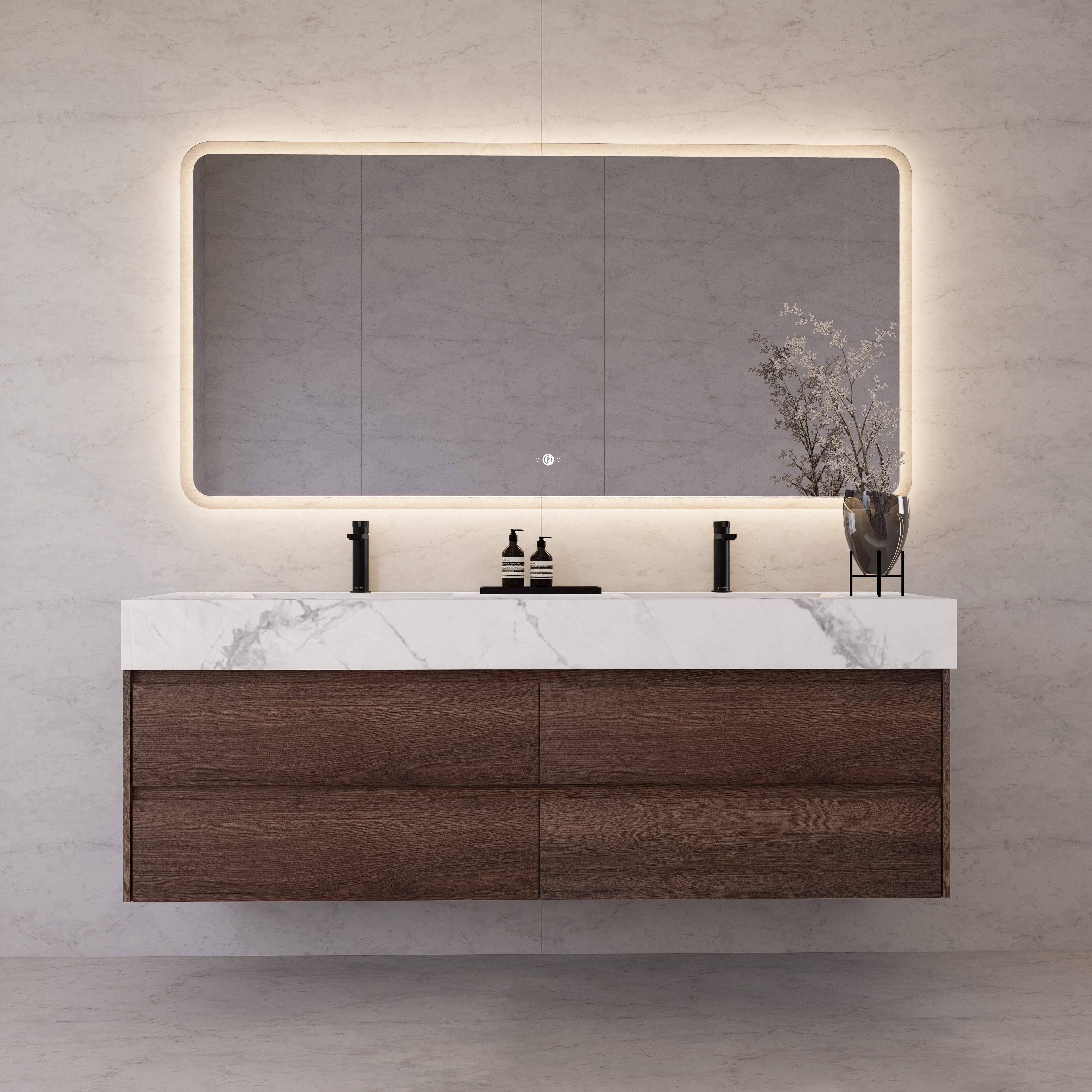 71"，60" Walnut Double Sink Sintered Stone Top with Elegant Floating Bathroom Vanity